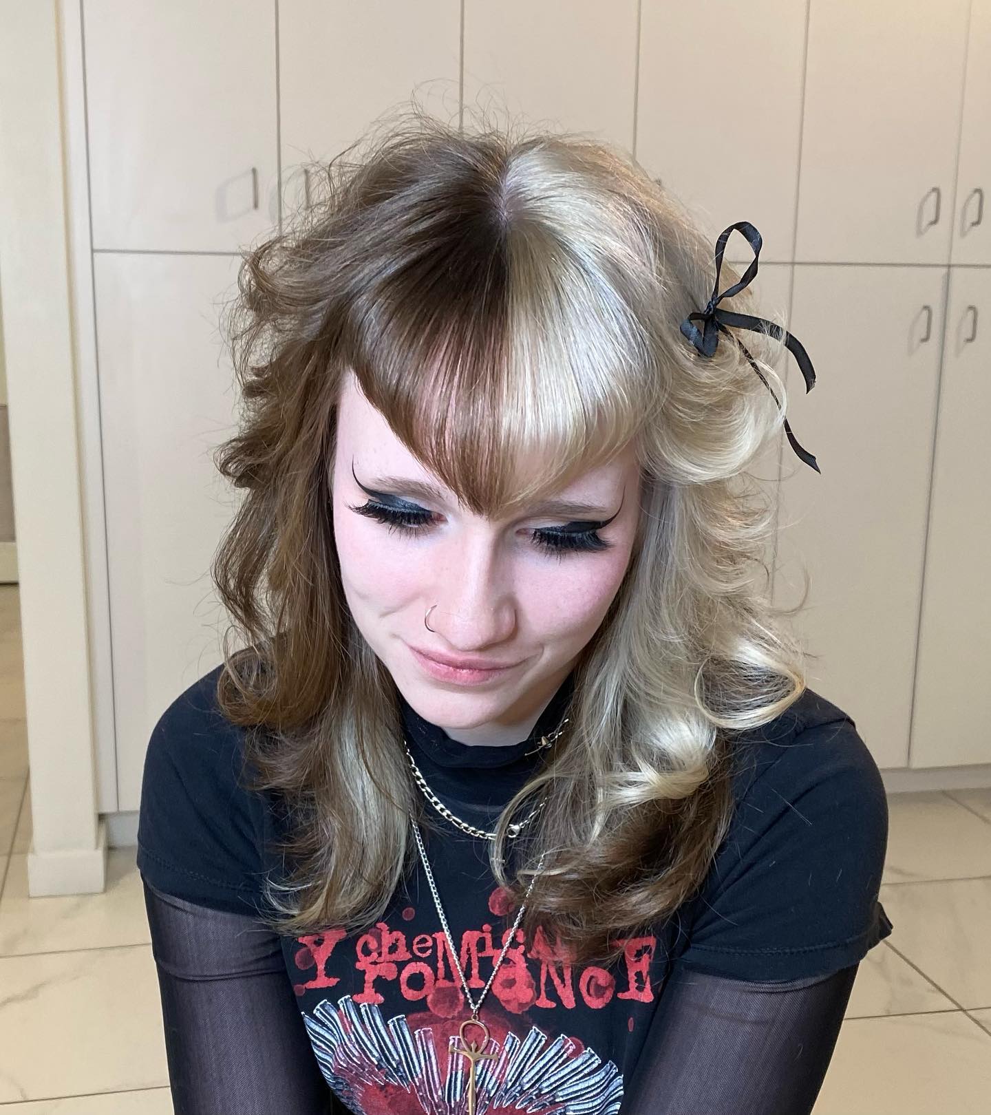 Two-Tone Mullet With Wispy Bangs And Baby Bow