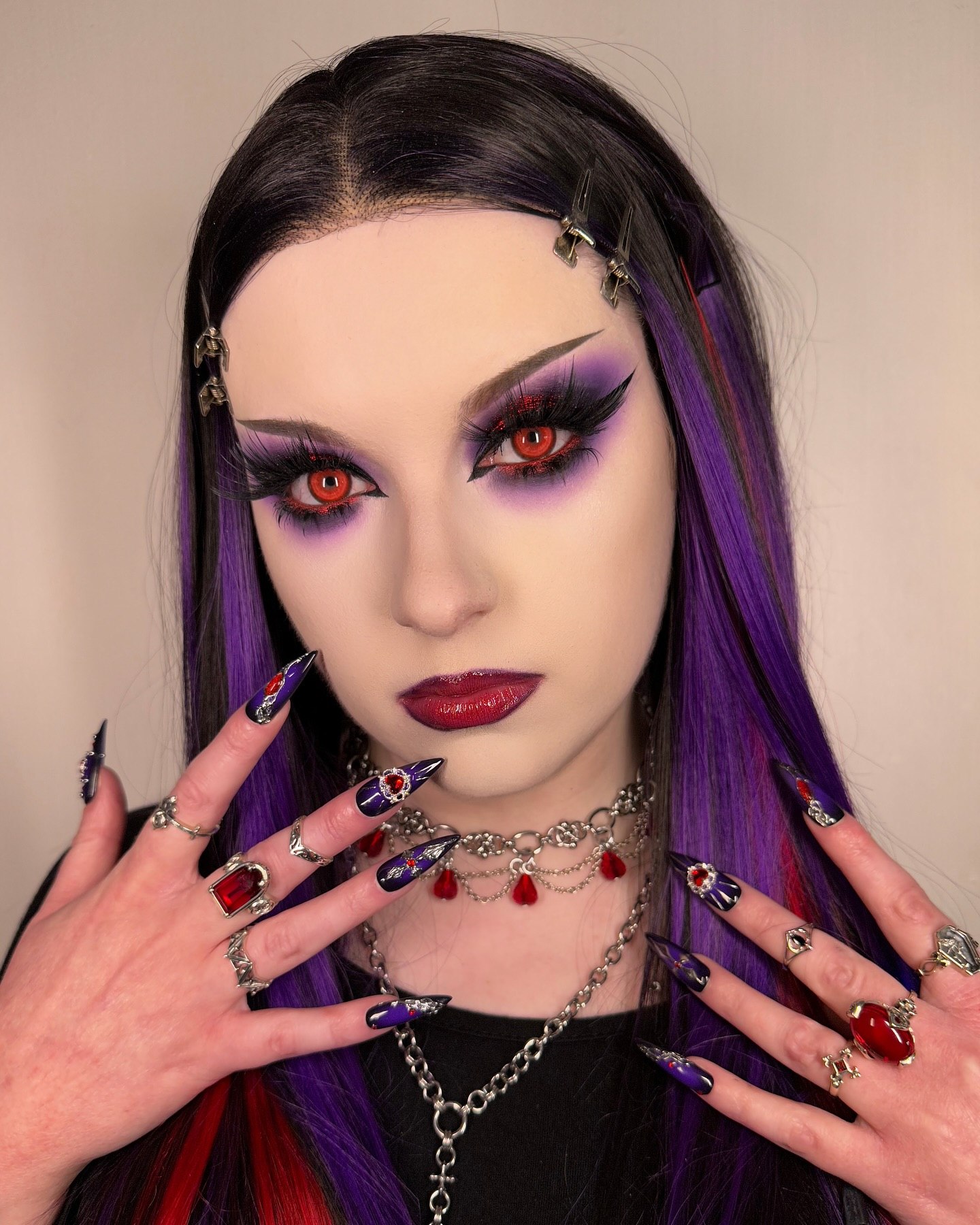 Gothic Purple Stiletto Nails with Red Accents