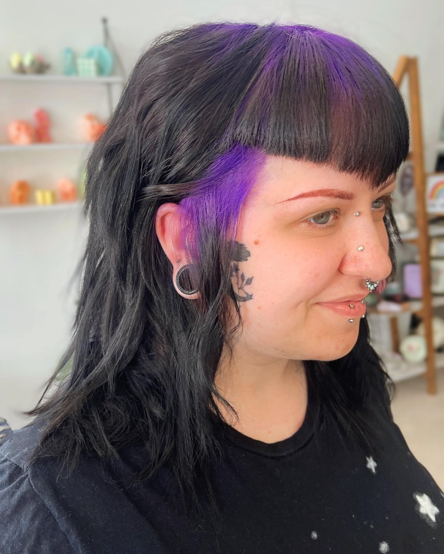 Bold Purple Peekaboo Mullet With Blunt Bangs