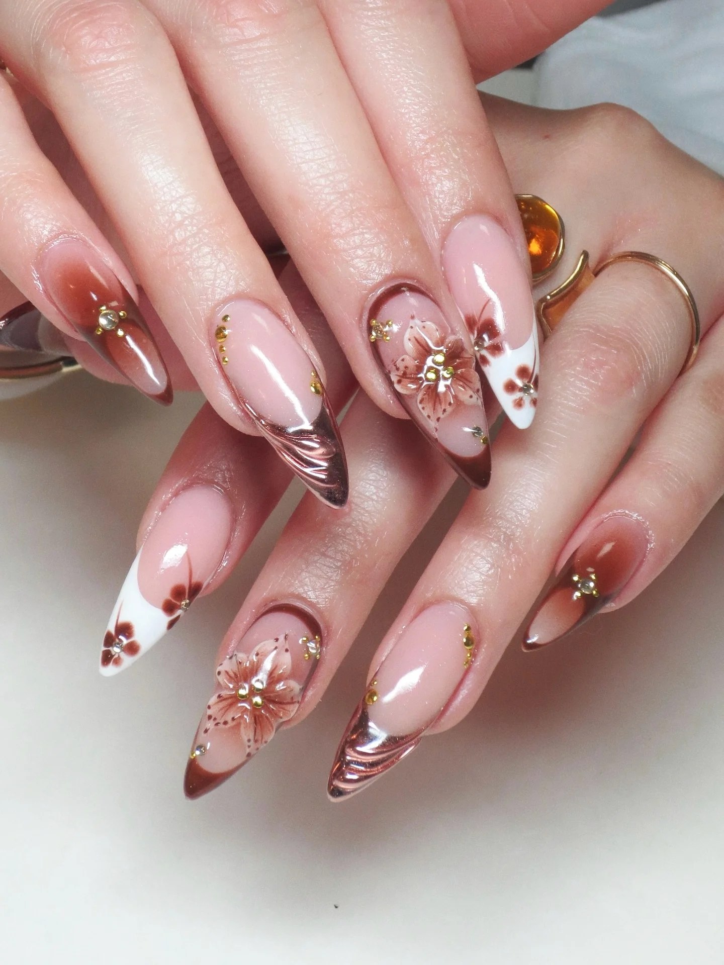 Autumn Floral Ombre Stiletto Nails with Chrome Accent