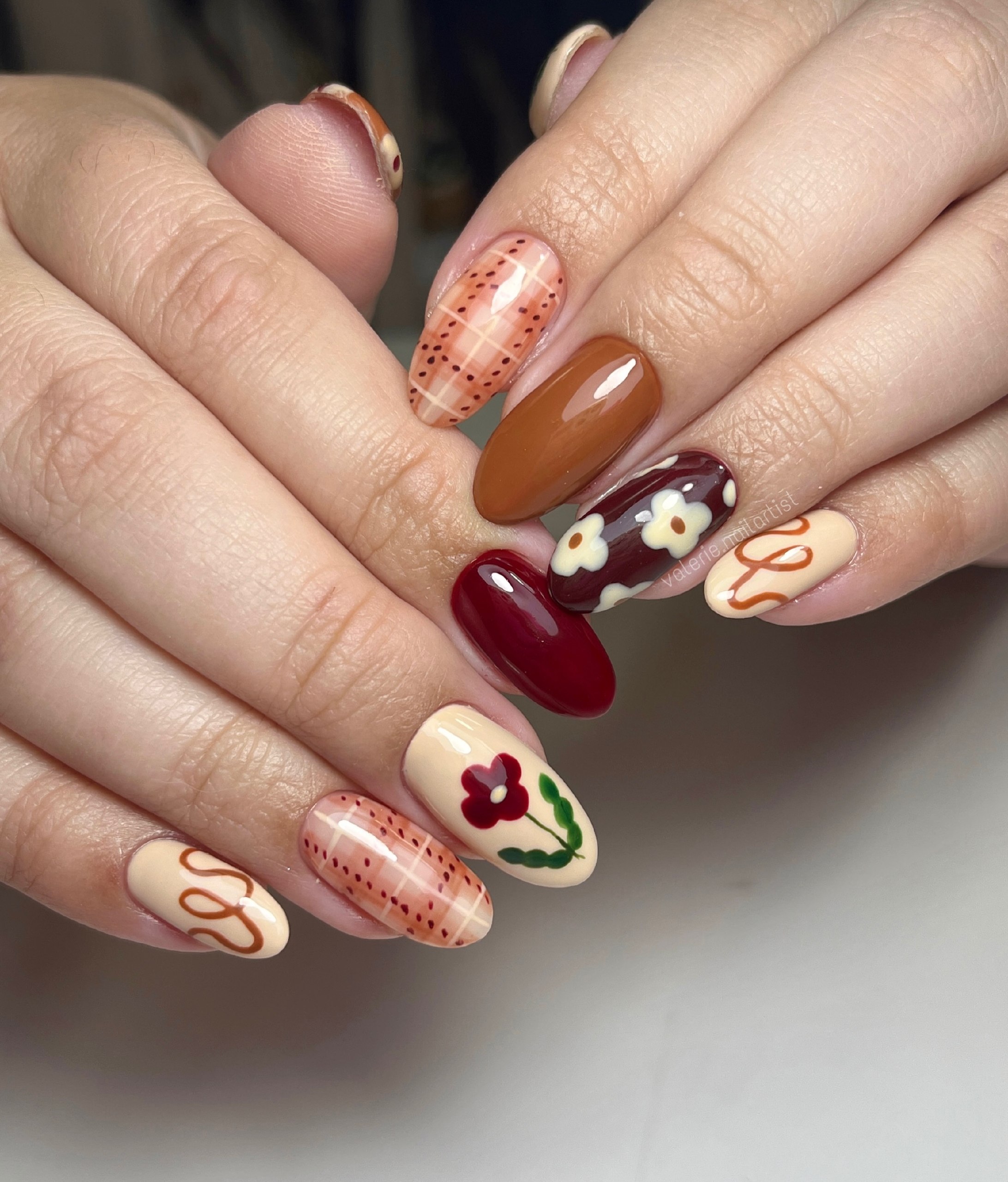 Cozy Plaid and Floral Fall Oval Nails