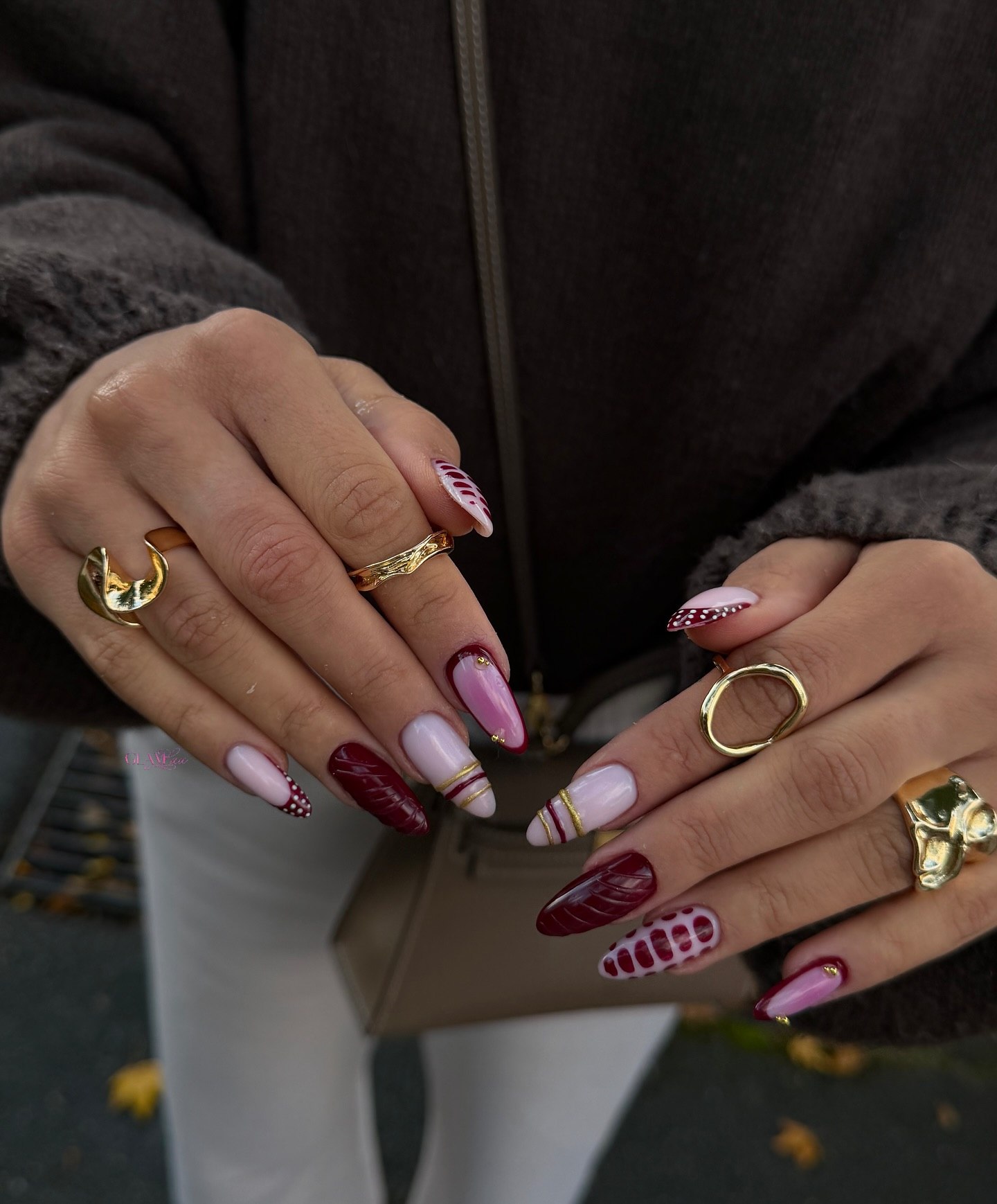 Chic Burgundy & Pink Fall Almond Nails