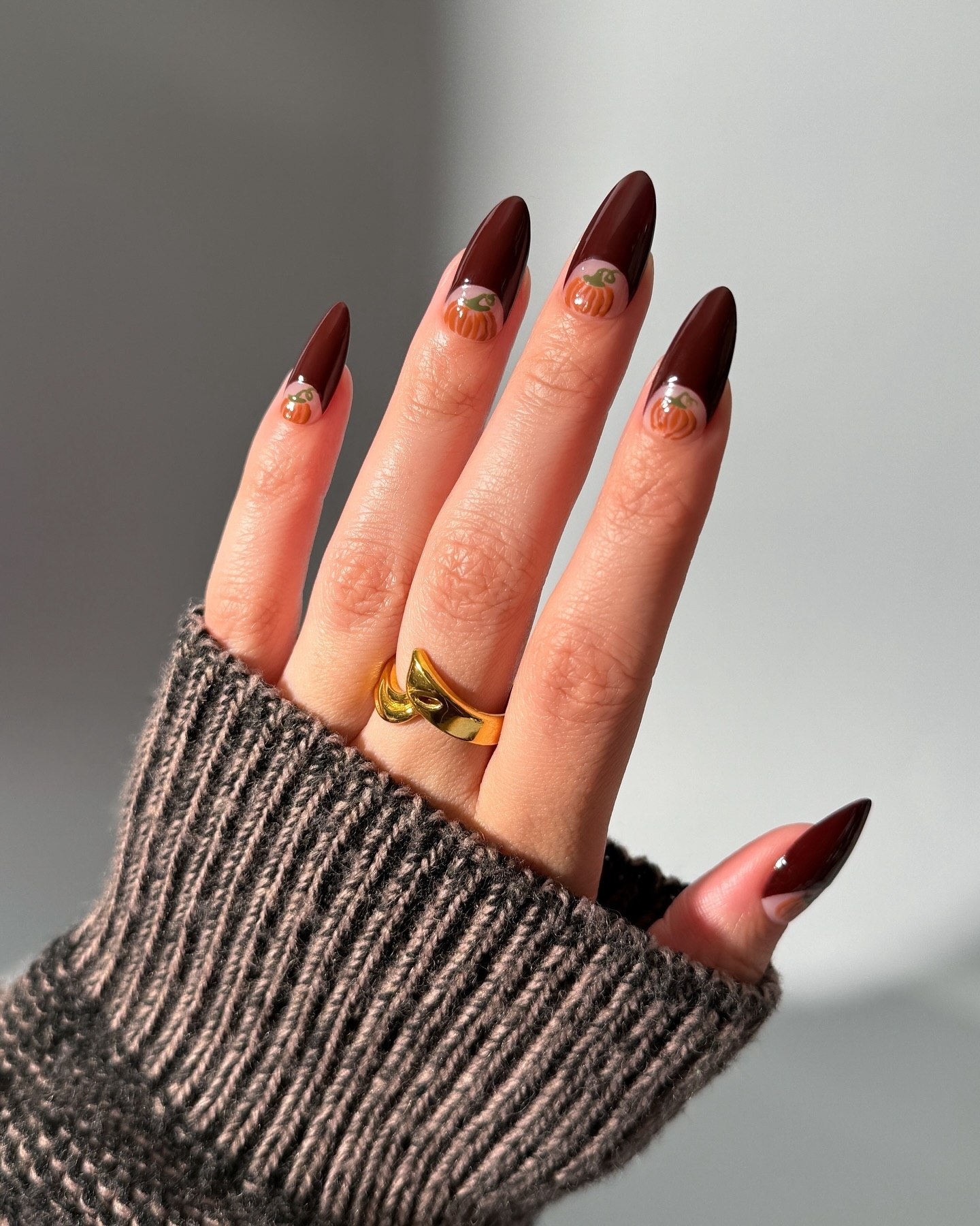Brown Pumpkin French Tip Almond Nails