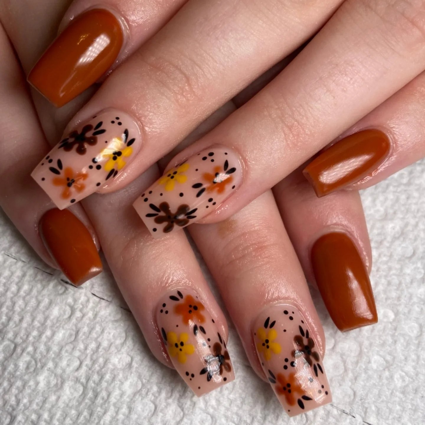 Autumn Floral Accents With Glossy Brown Nails