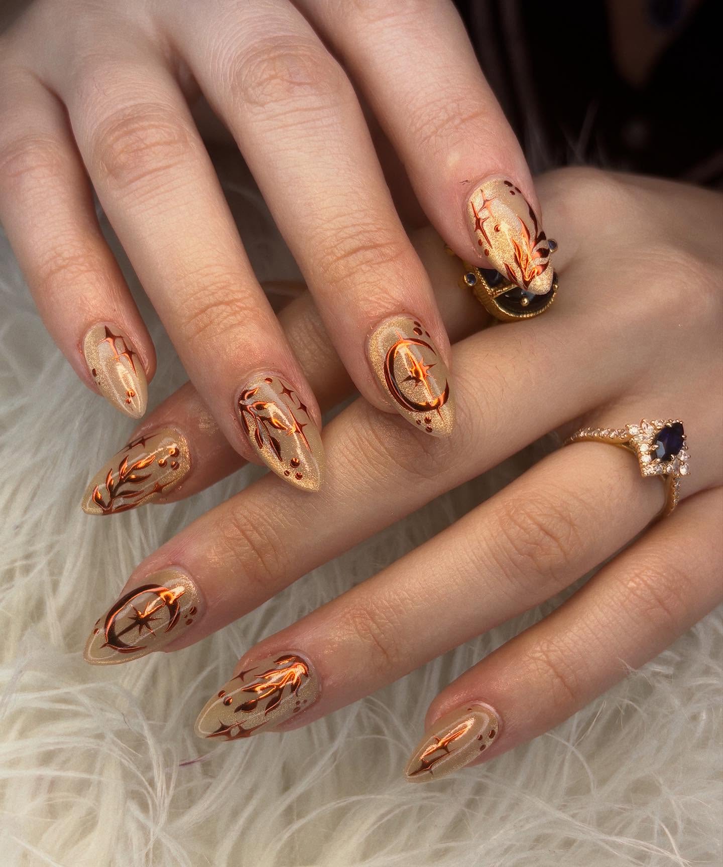 Autumn Leaves Stiletto Chrome Nails