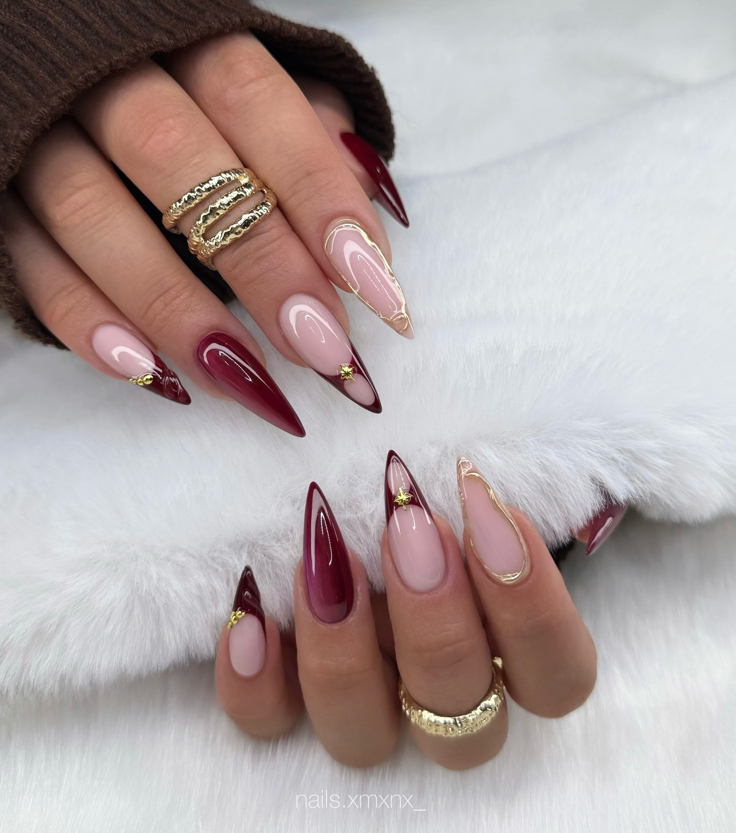Rich Burgundy Ombre Stiletto French Tips With Gold Accents