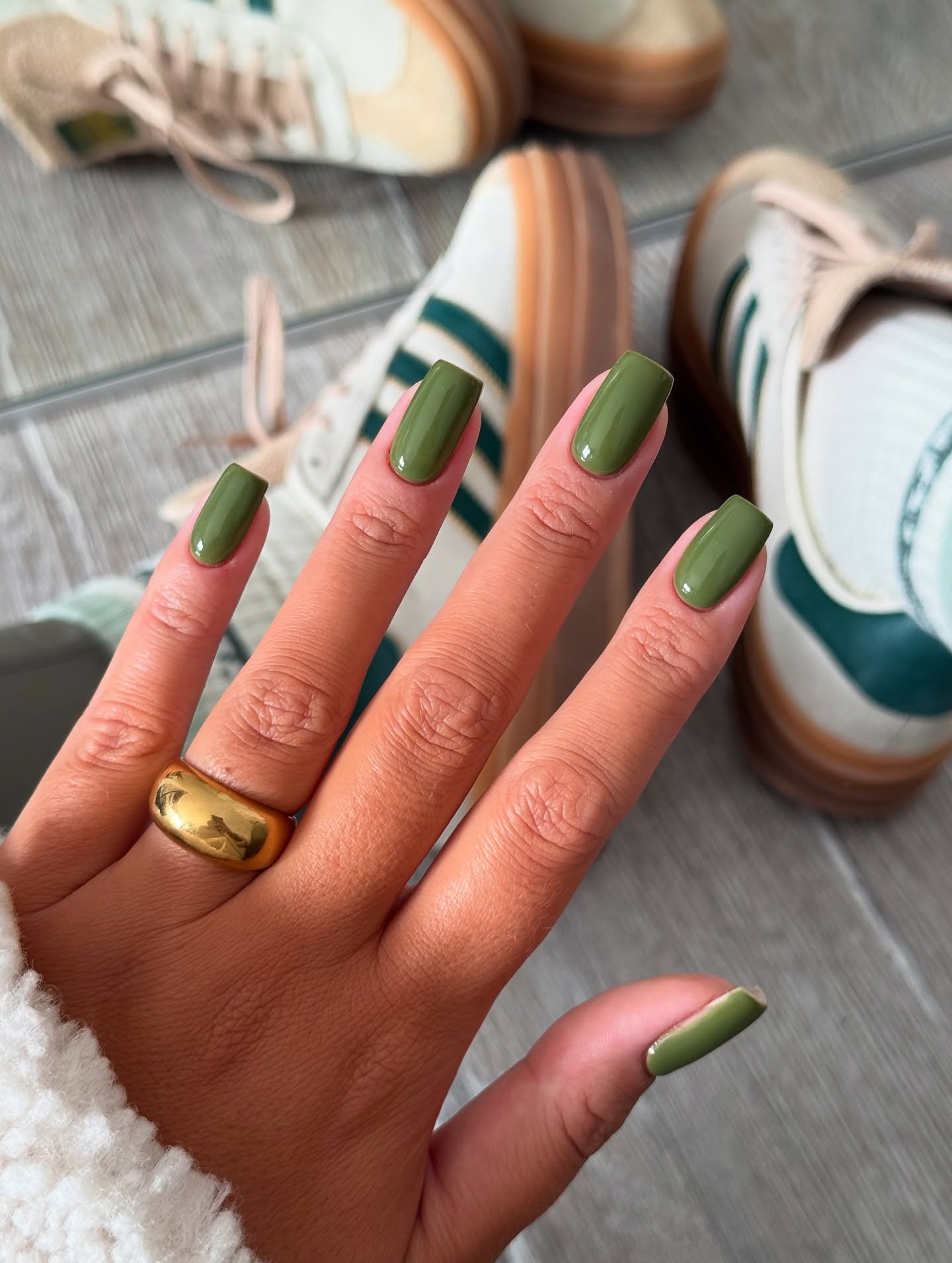 Deep Olive Green Glossy Square Nails