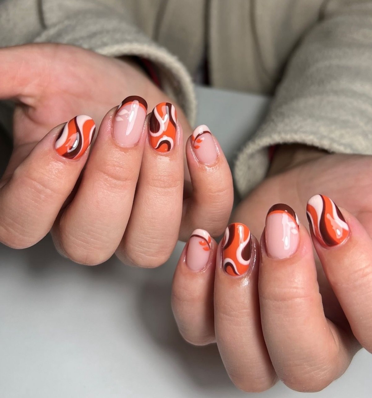 Retro Swirl French Tip Almond Nails