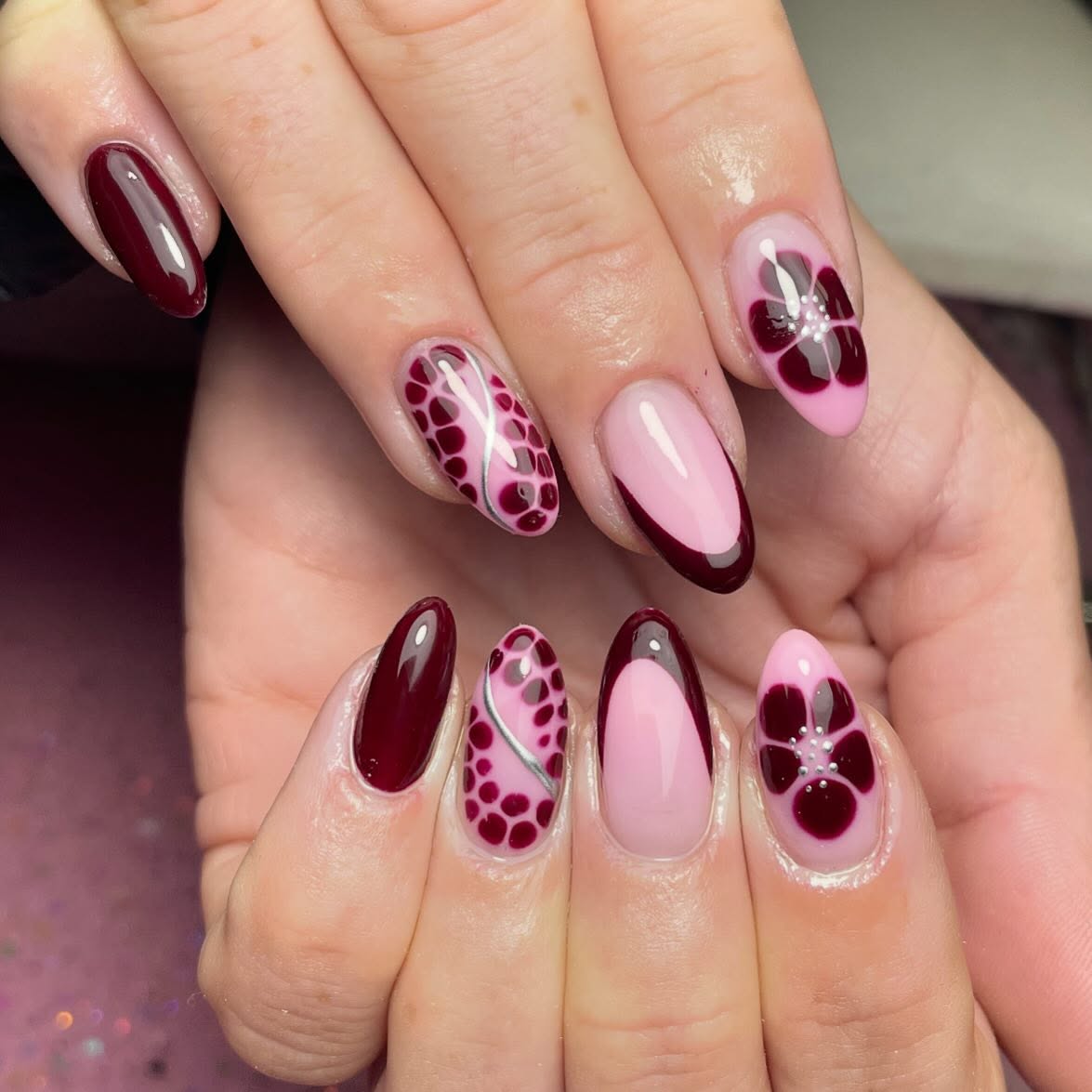 Burgundy Floral French Tips with Pink Base