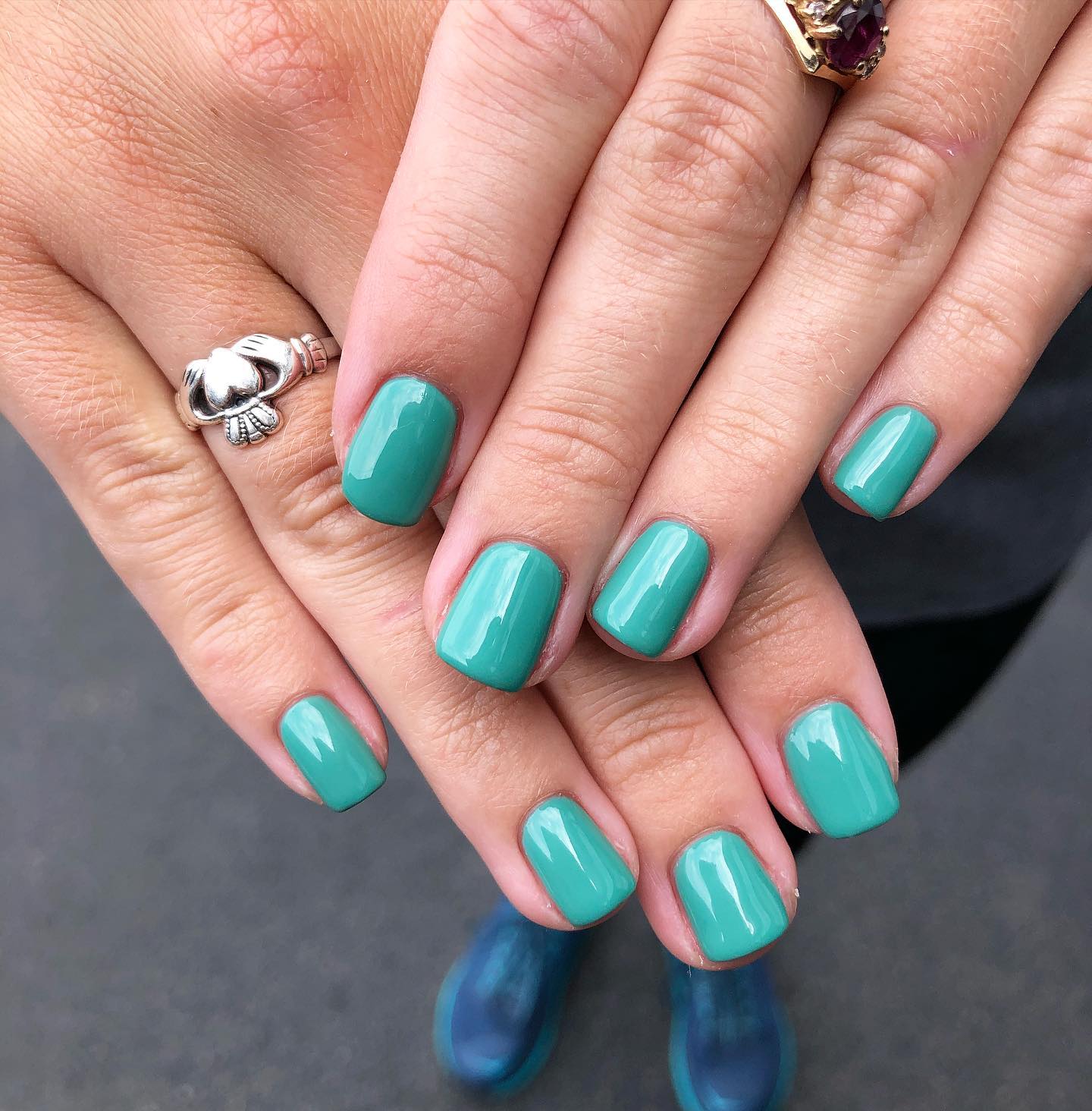 Glossy Deep Teal Square Nails
