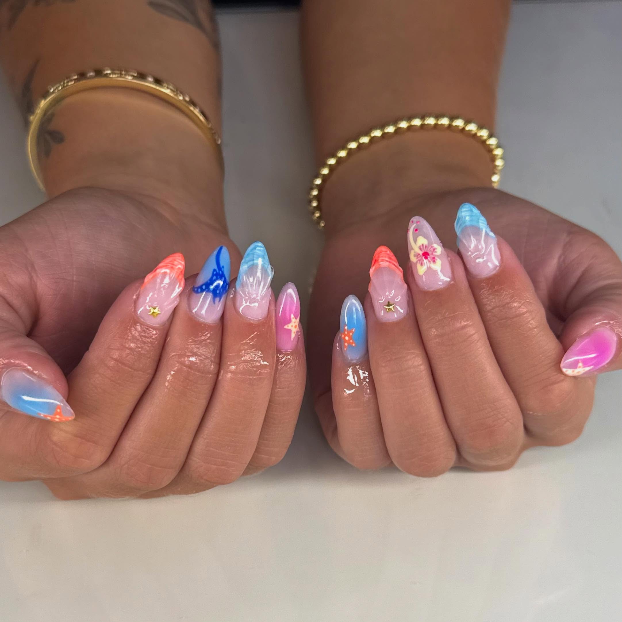 Sunset Ombre Ocean Art Almond Nails