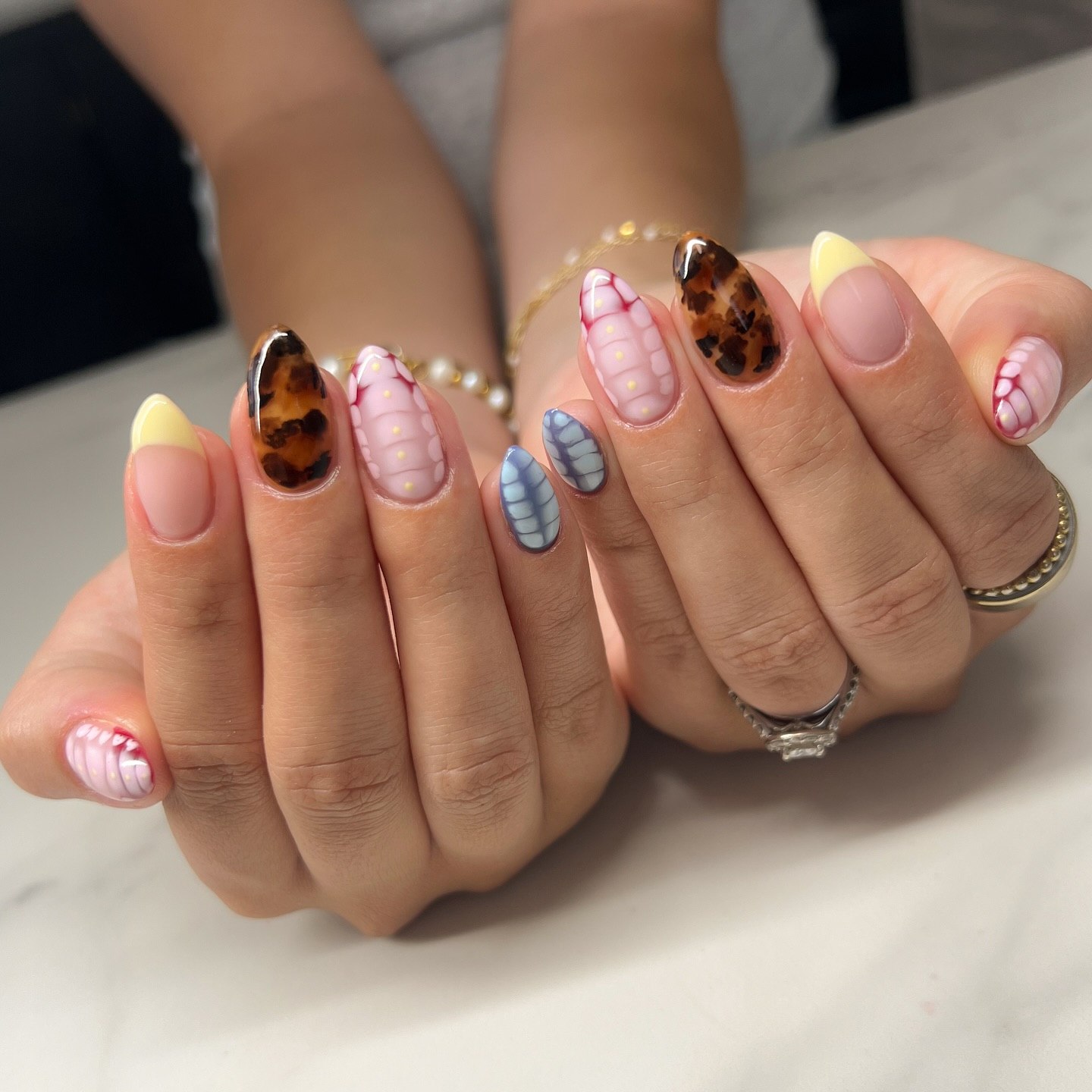 Tortoiseshell and Pastel Textured French Tips