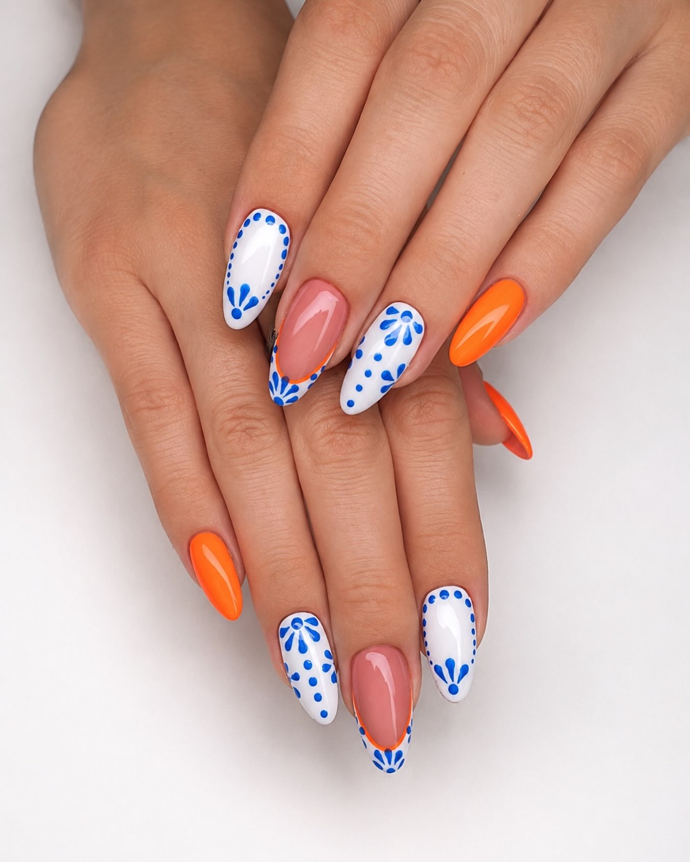 Bright Orange & Blue Folk Art Almond Nails