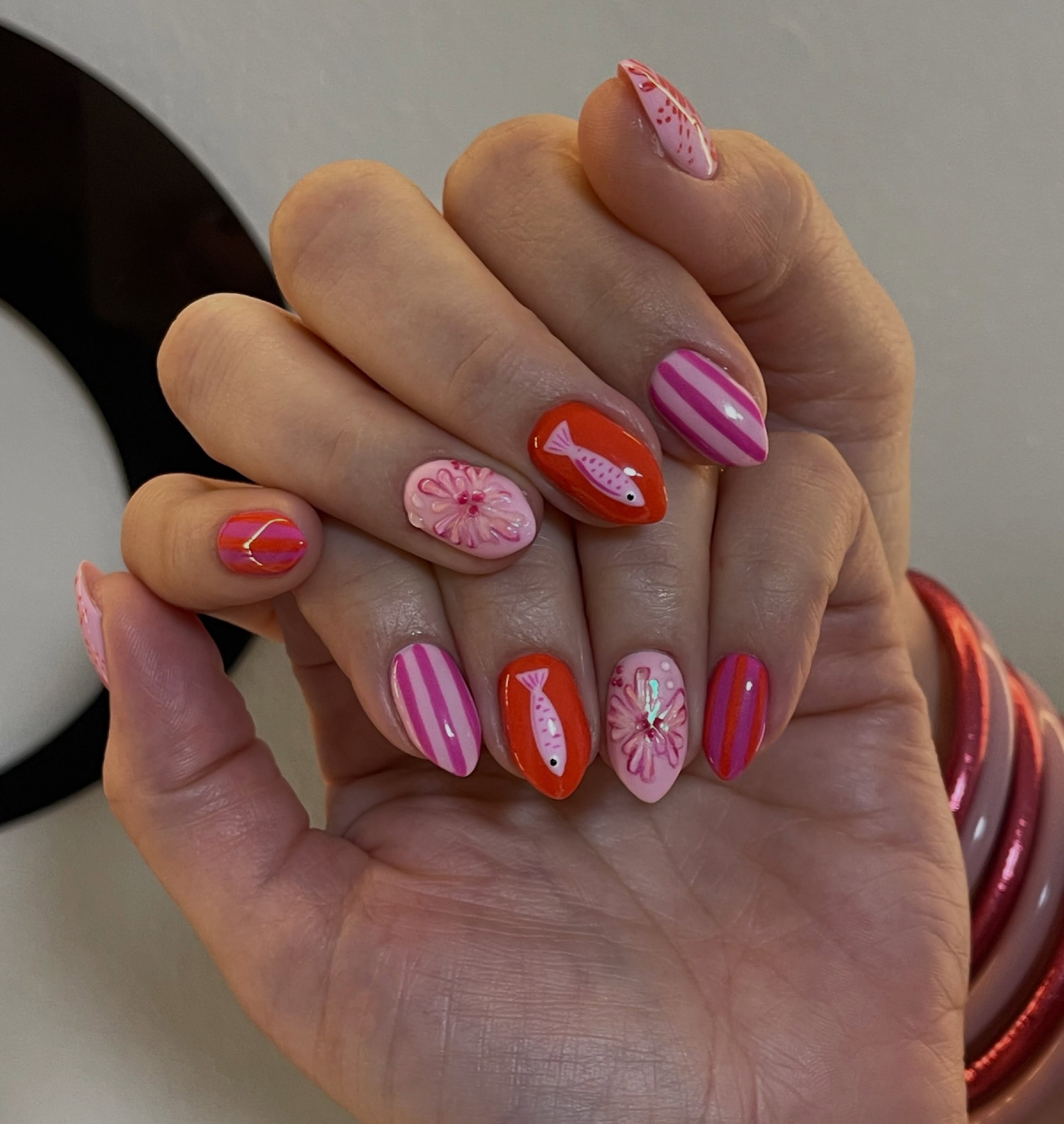 Pink & Orange Playful Fish and Floral Almond Nails