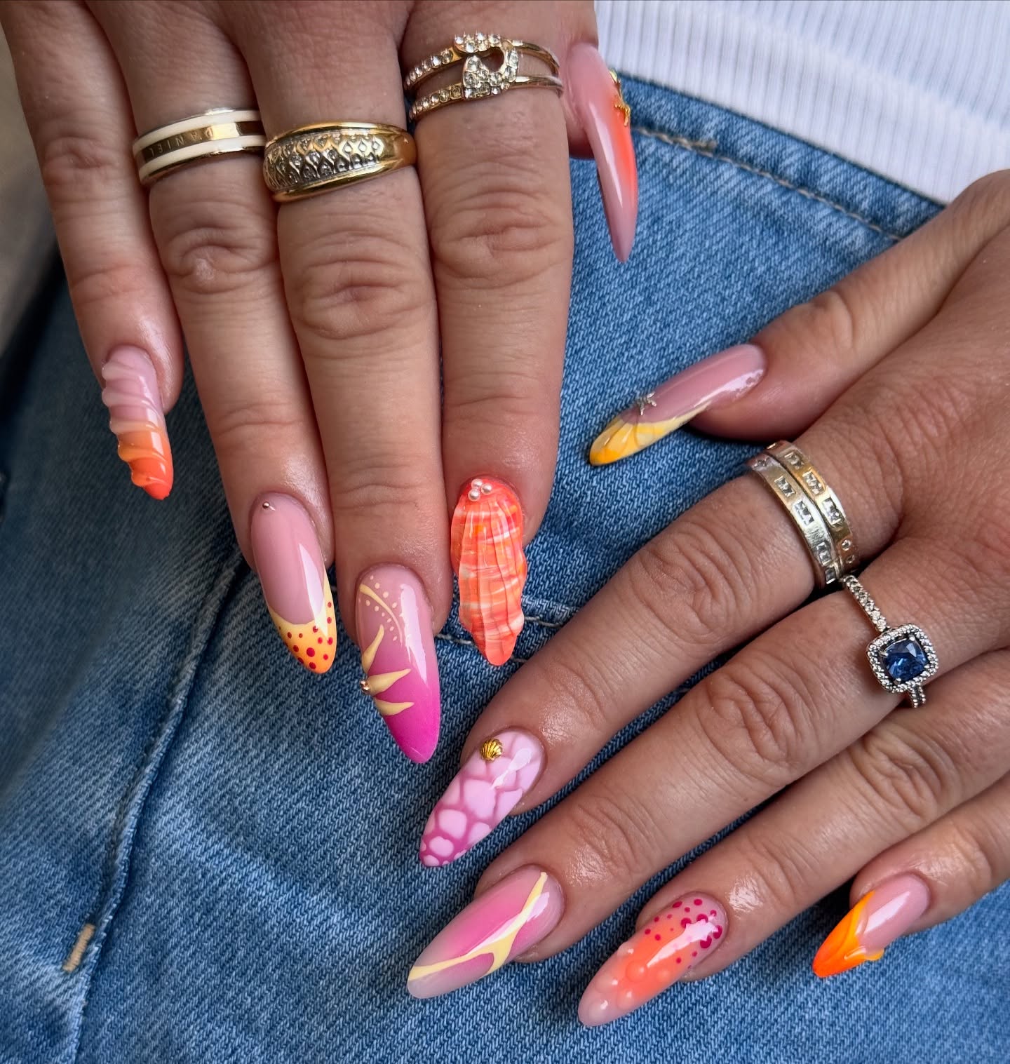 Sunset Ombre French Tips With Shell Charm