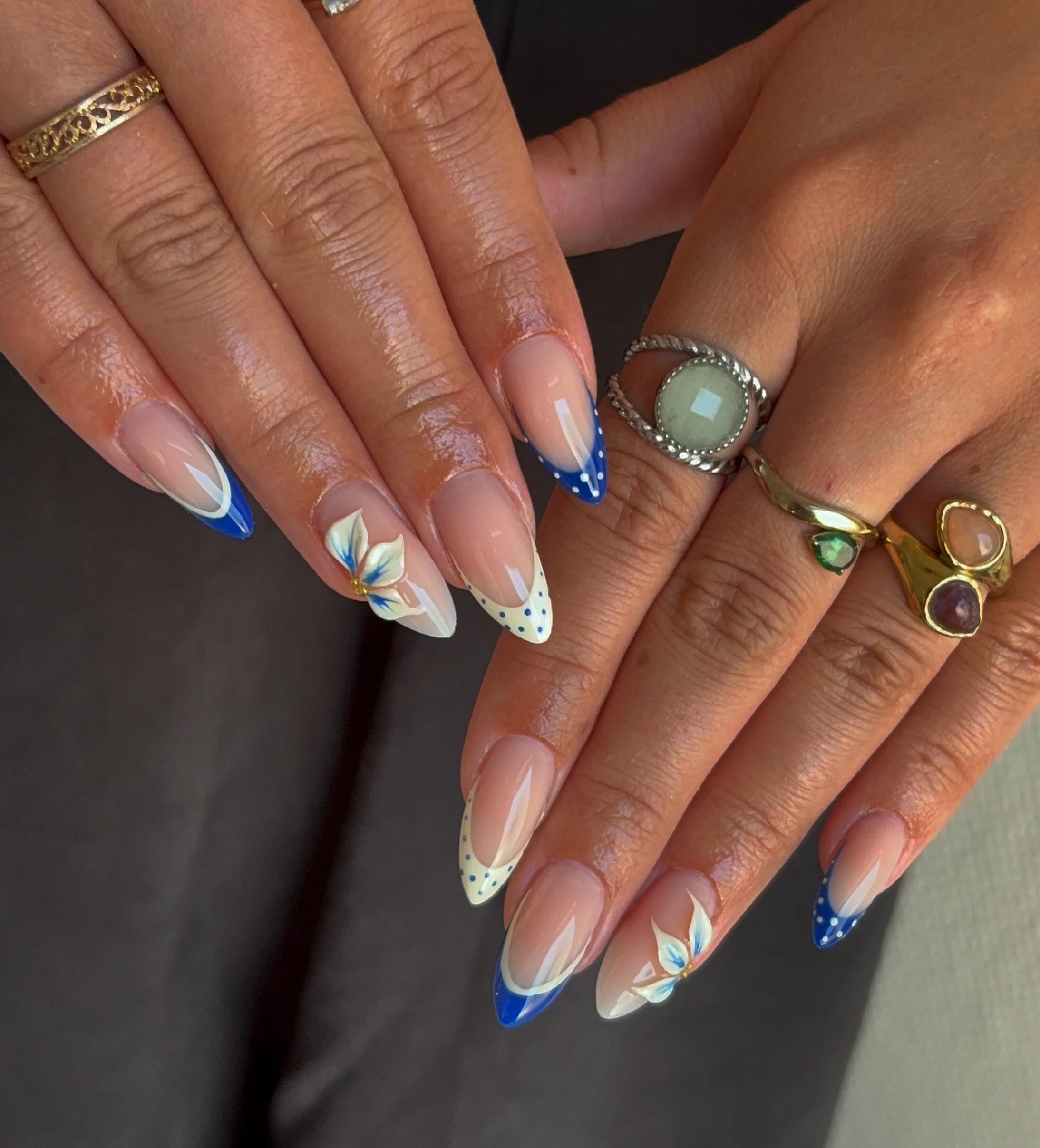 Blue Daisy French Tip Almond Nails