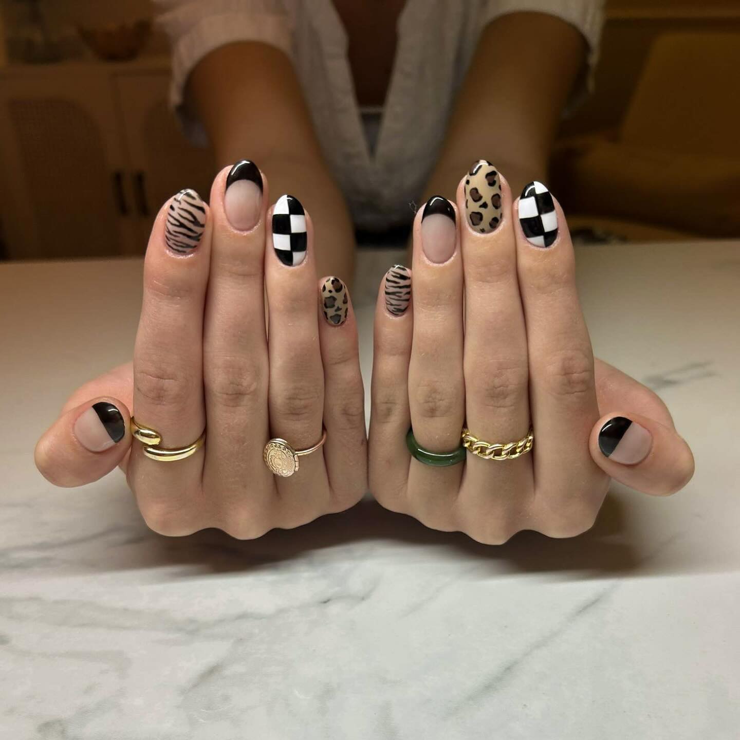 Monochrome Animal Print Checkerboard French Tips