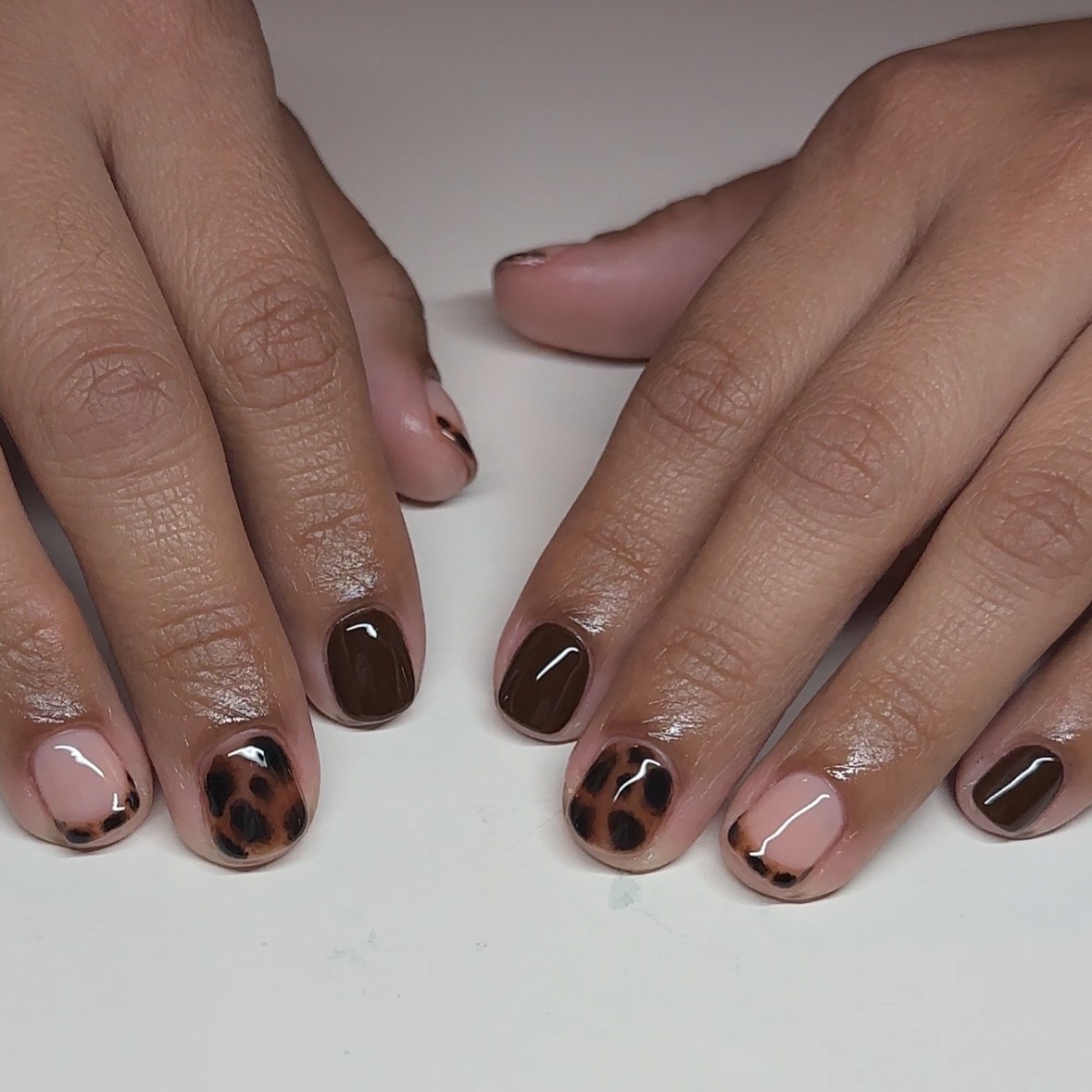 Short Chocolate Leopard Print French Tips
