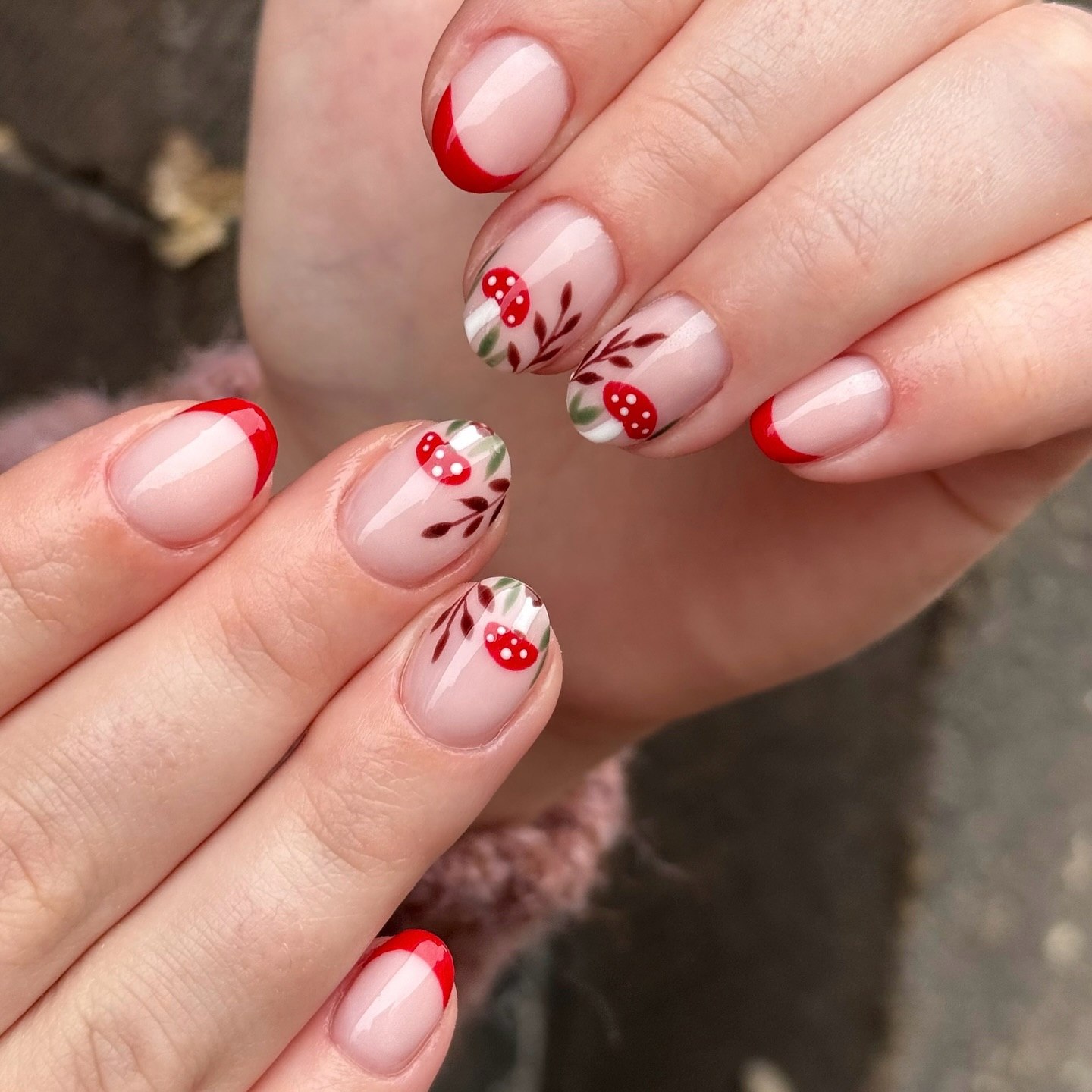 Red Mushroom French Tip Short Oval Nails