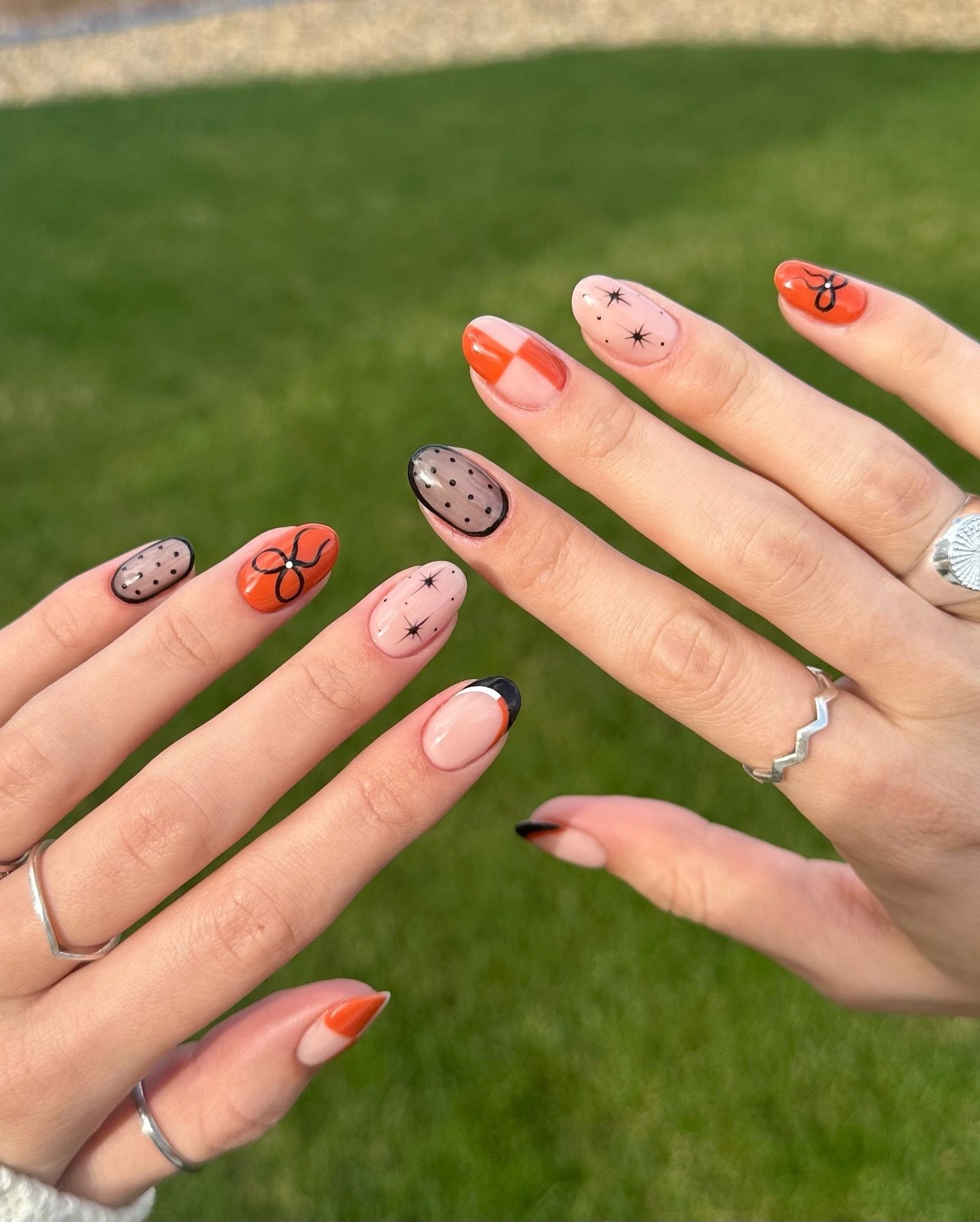 Cute Orange and Black Abstract Fall French Tips