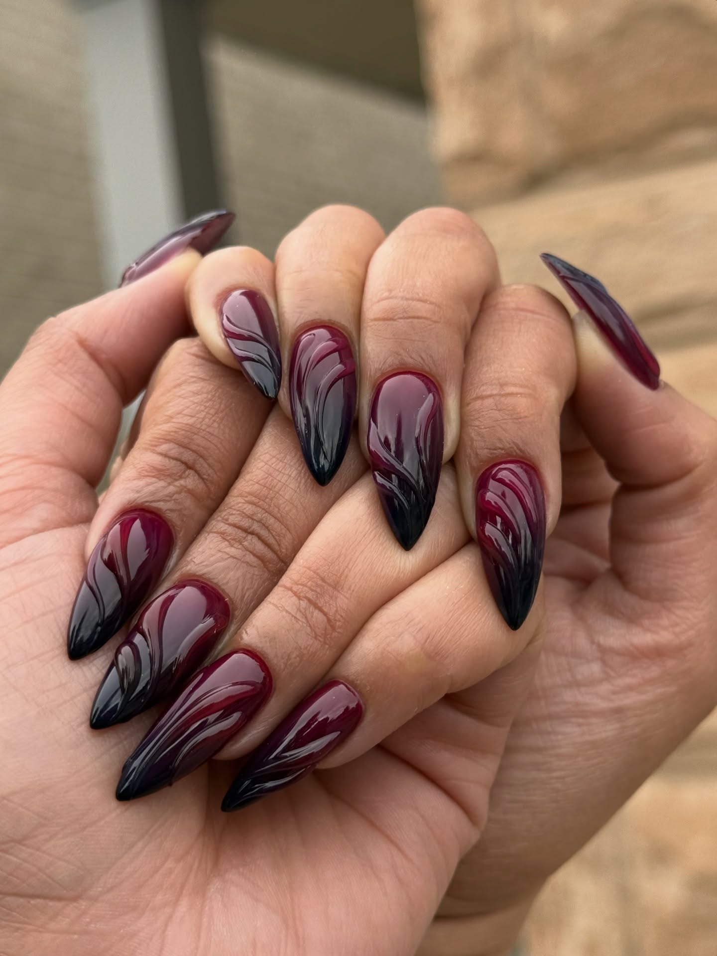 Dark Cherry Black Ombre Swirl Stiletto Nails