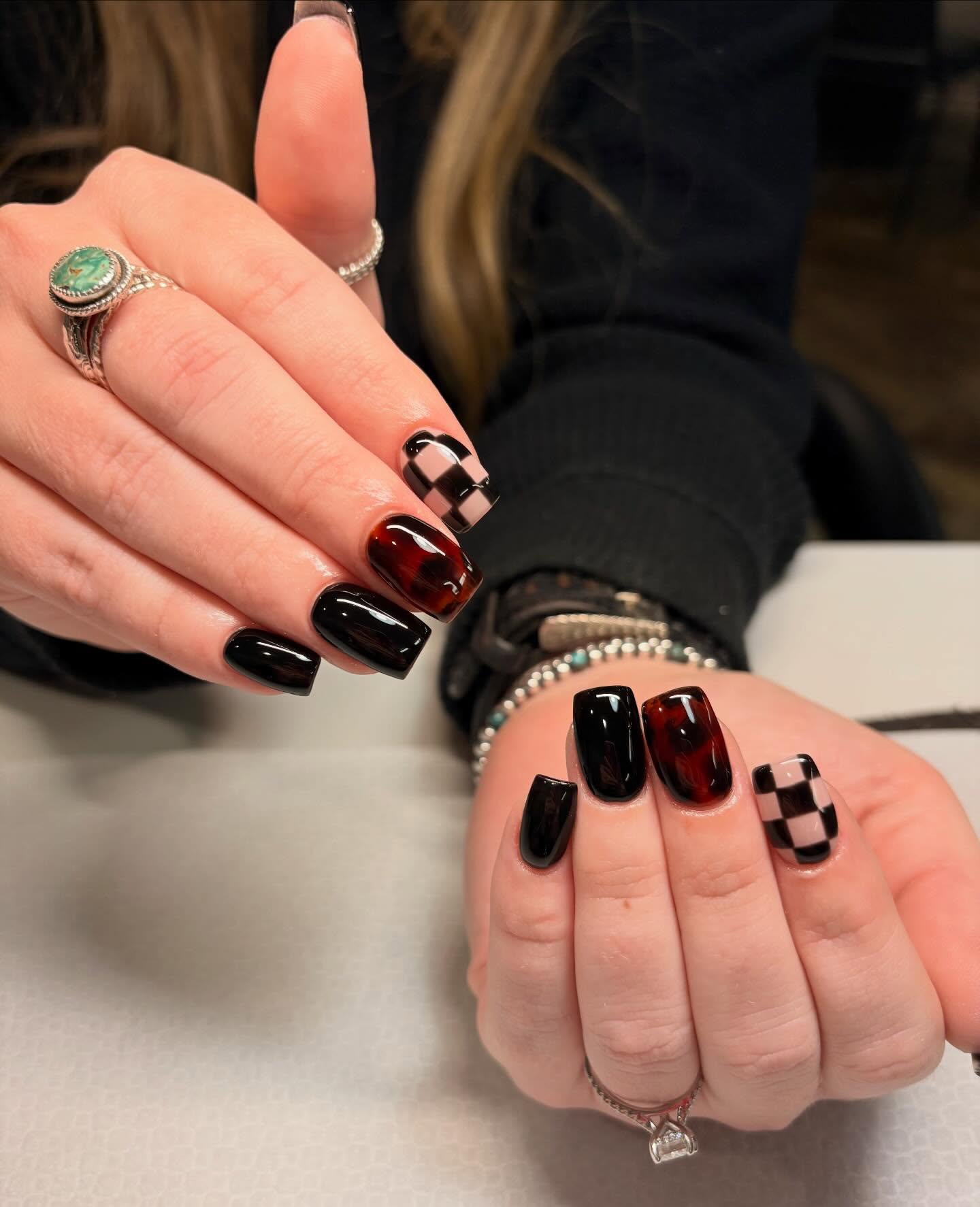 Tortoiseshell and Checkered Square Nails