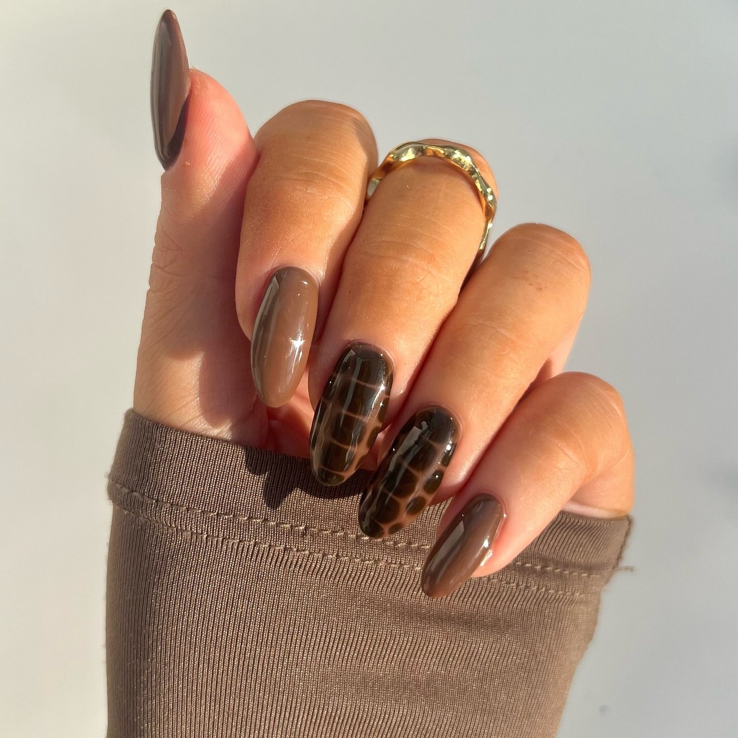 Glossy Chocolate Croc Print Medium Almond Nails