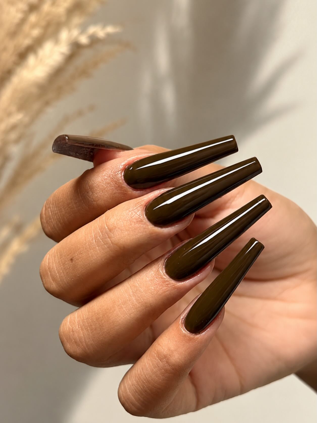 Glossy Deep Olive Coffin Nails