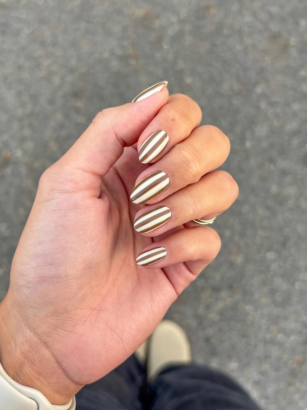 Chic Brown and White Striped Oval Nails