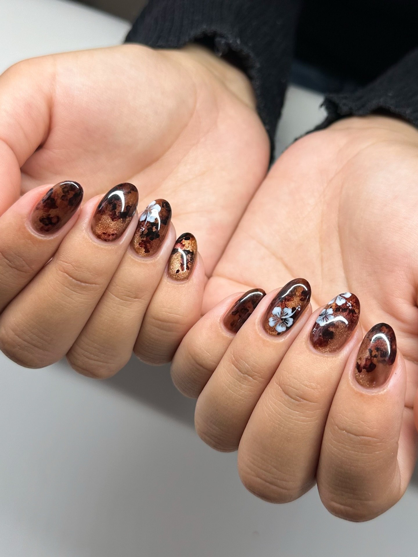Brown Marble Floral Oval Nails