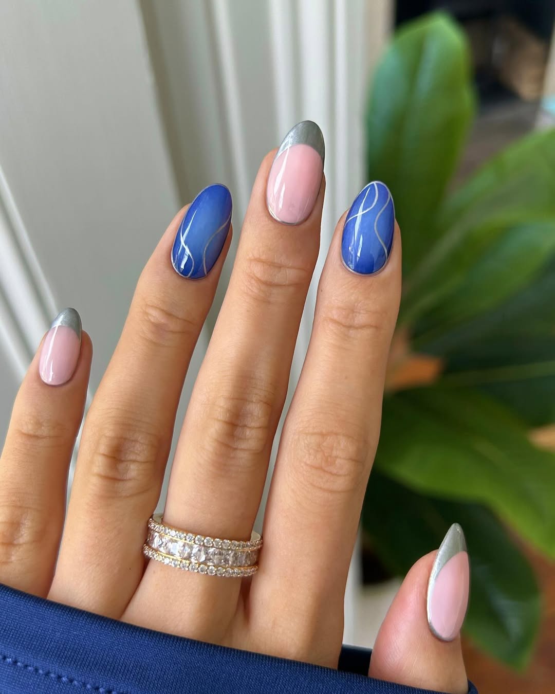 Pink Blue Silver Swirl Almond French Nails
