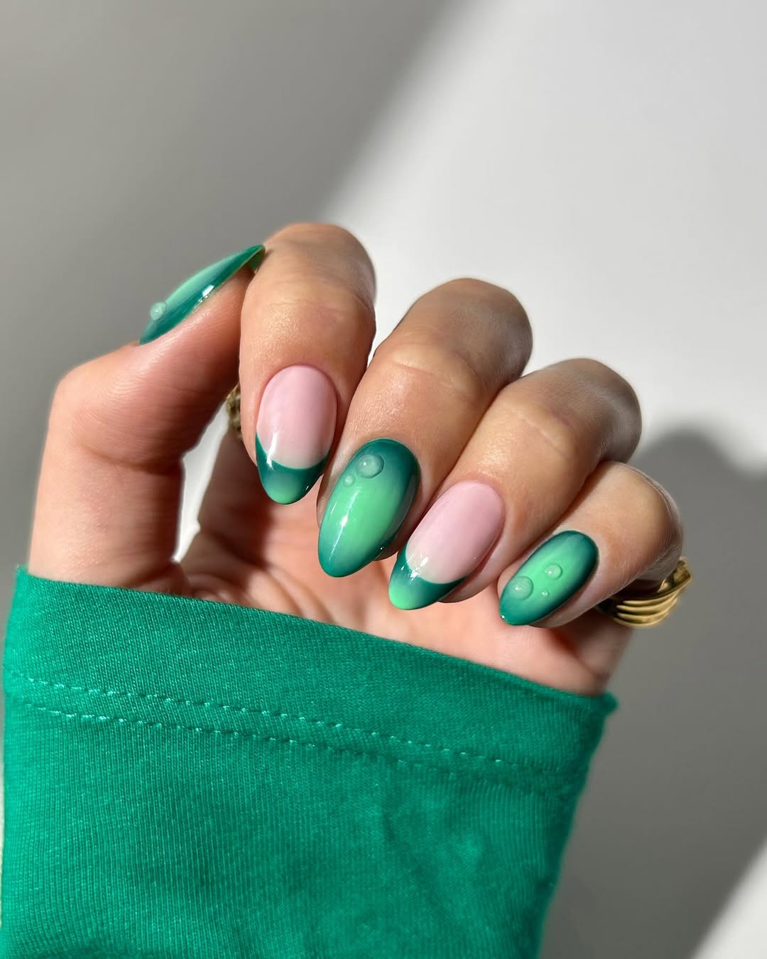 Emerald Green Ombre French Water Droplet Nails