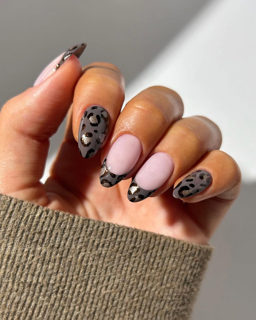 Mauve French Tips With Leopard Print Accent Nails