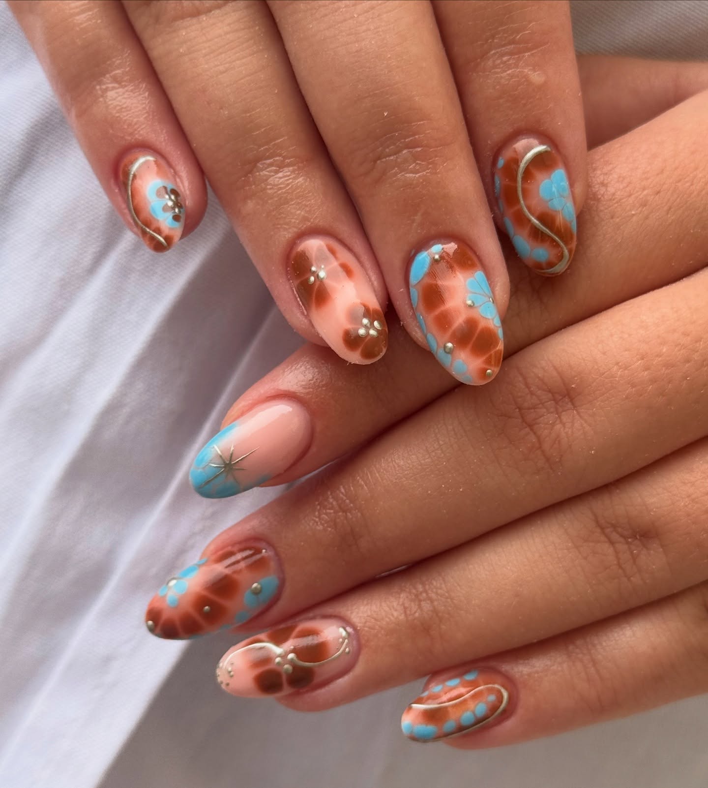 Retro Floral Swirl Almond Nails