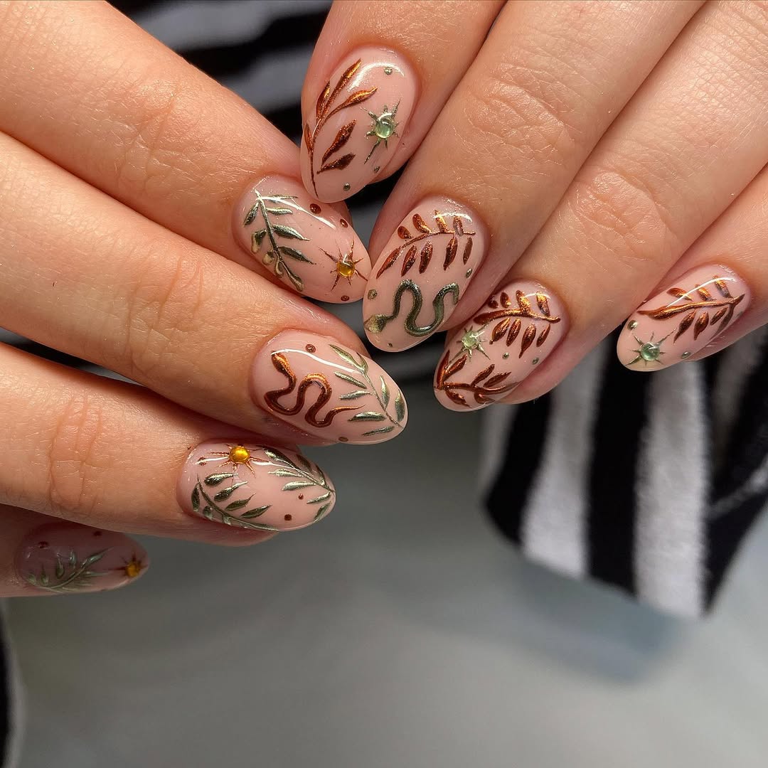 Mystical Snake And Leaf Aura Nail Art