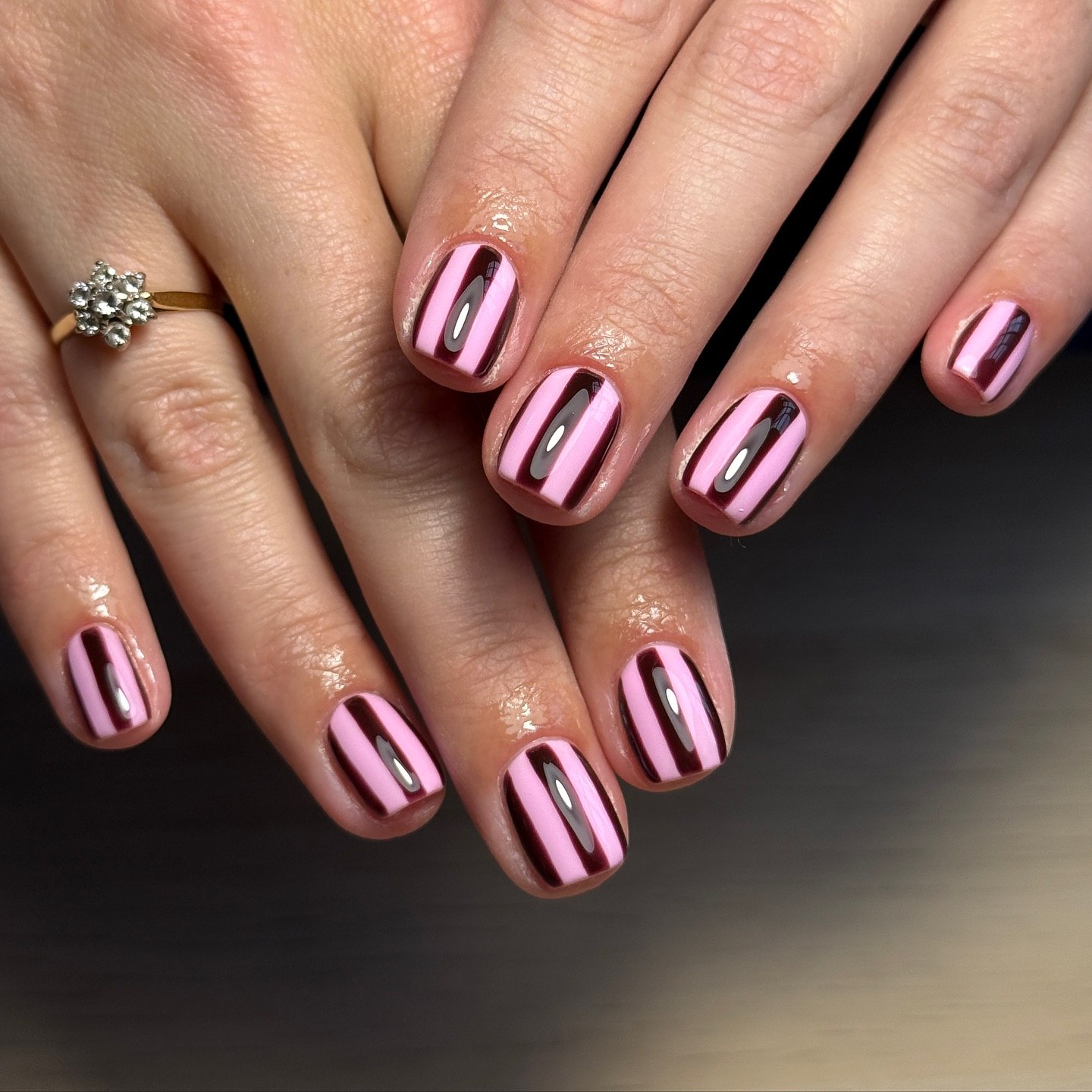 Pink and Burgundy Stripe Chic Short Nails