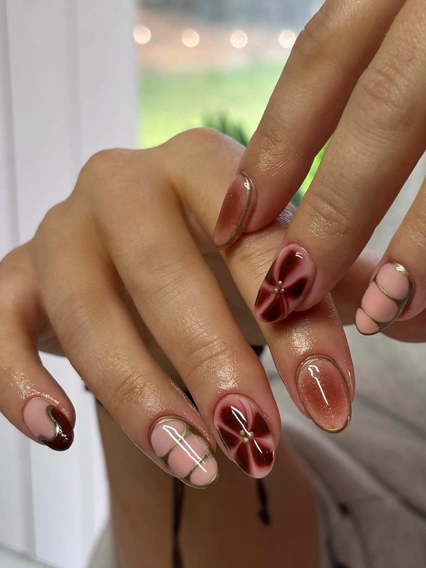 Ombre Flower Almond Nails with Gold Accents