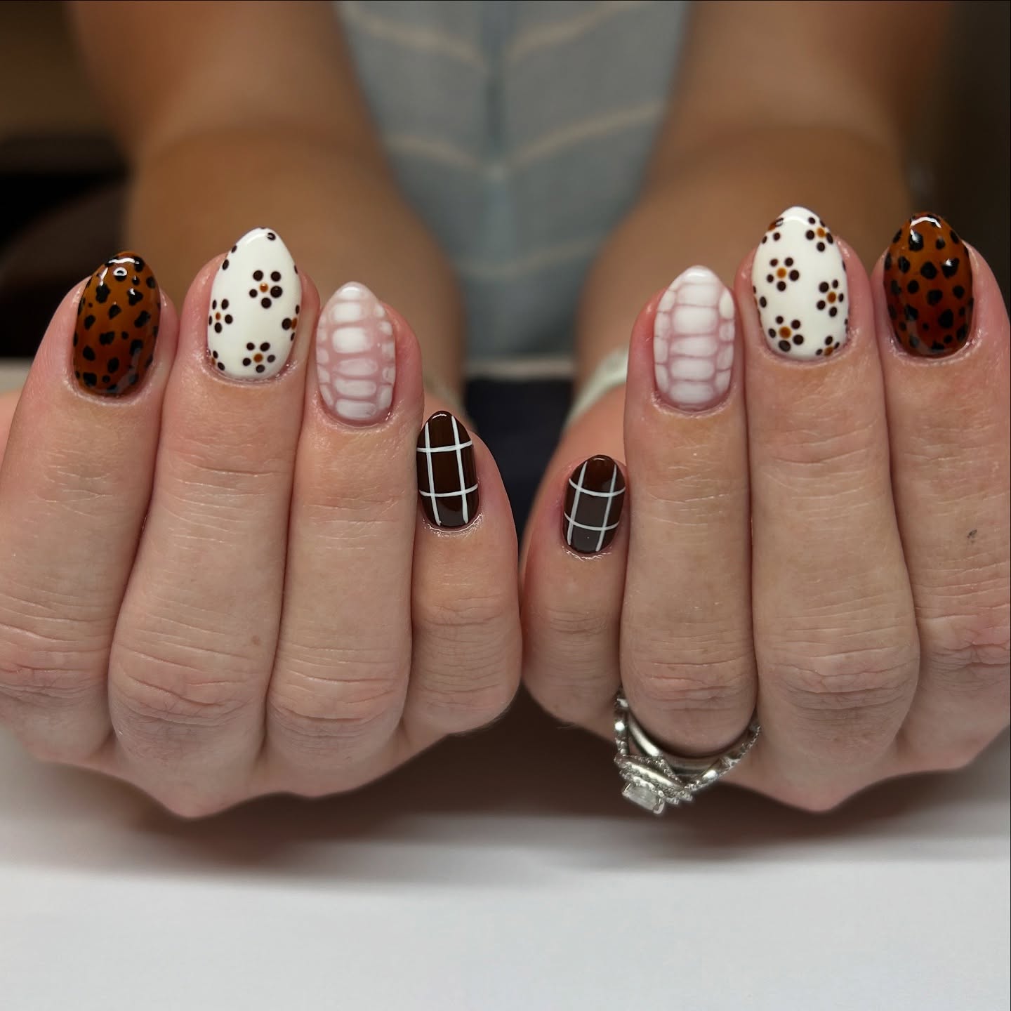 Mixed Animal Print and Grid Fall Nails