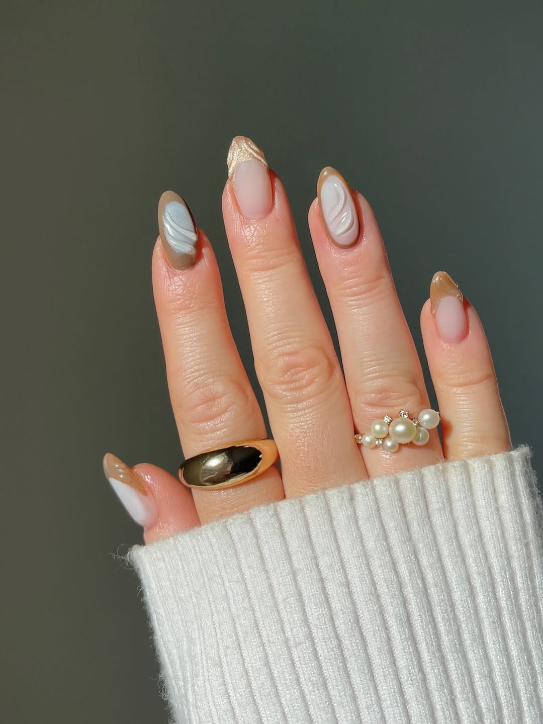 Neutral Swirl Almond French Tips with Gold Accent
