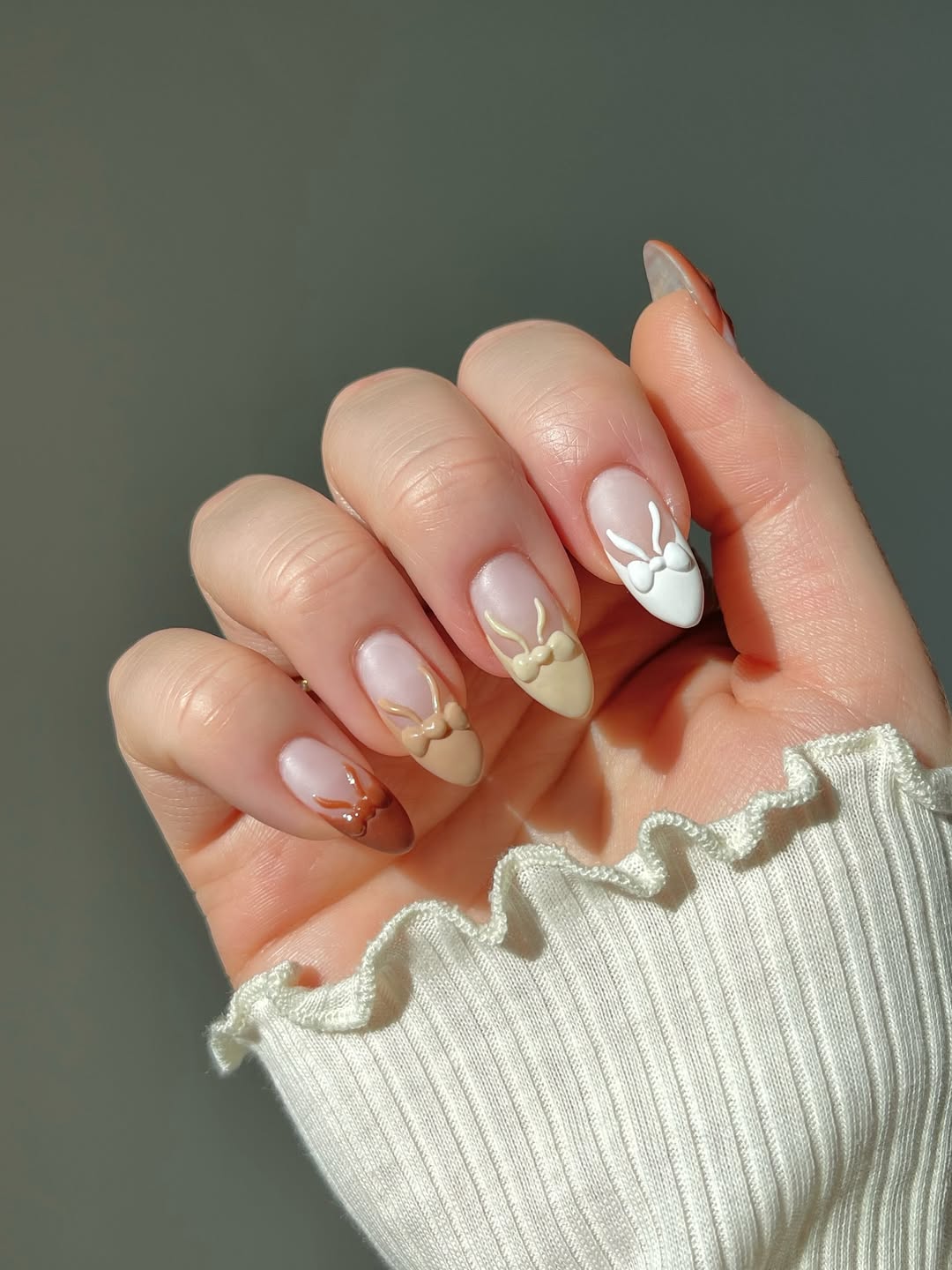 3D Bow French Tip Almond Nails