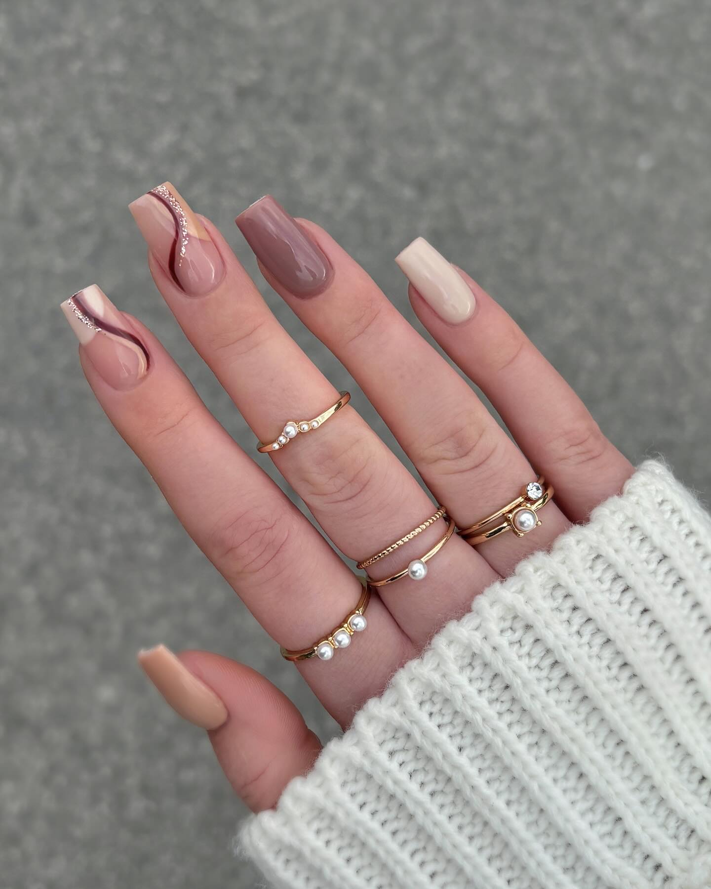 Neutral Swirls and Sparkles Long Square Nails