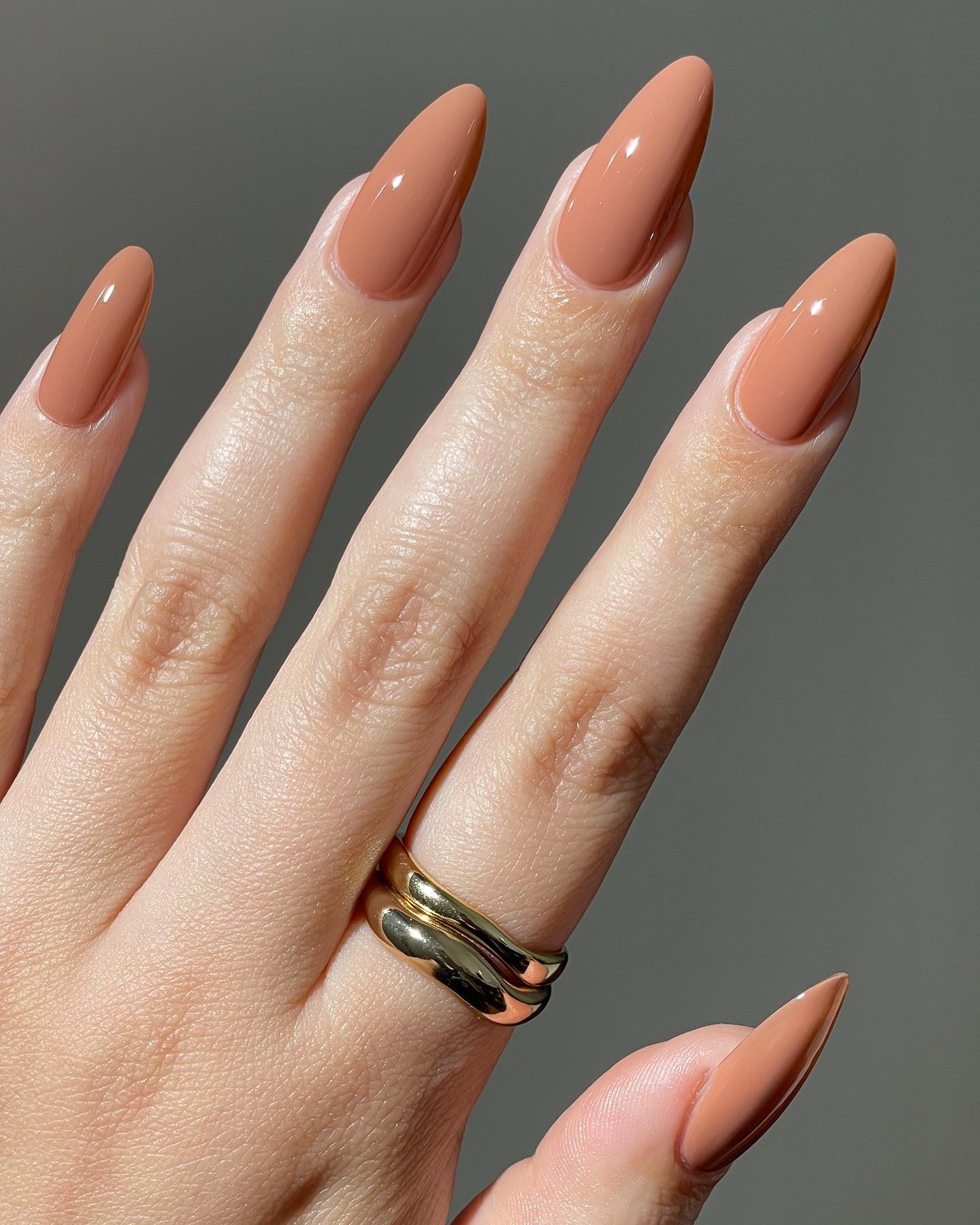 Caramel Cream Glossy Almond Nails