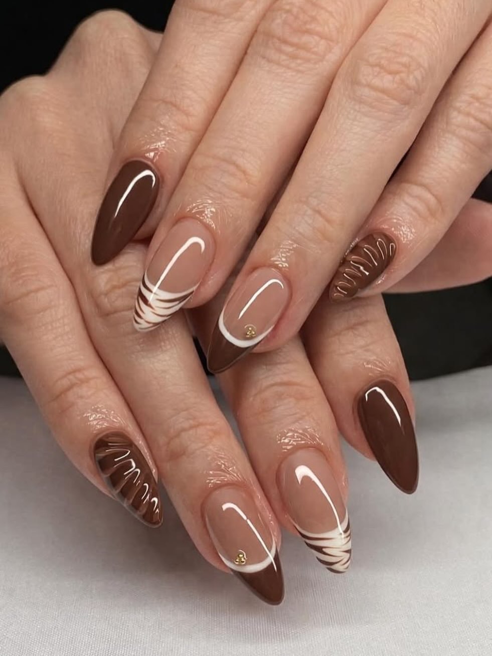 Rich Chocolate Swirl Almond French Nails