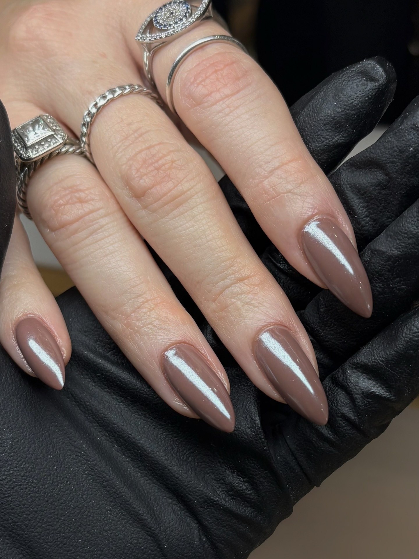 Glossy Taupe Almond Stiletto Nails
