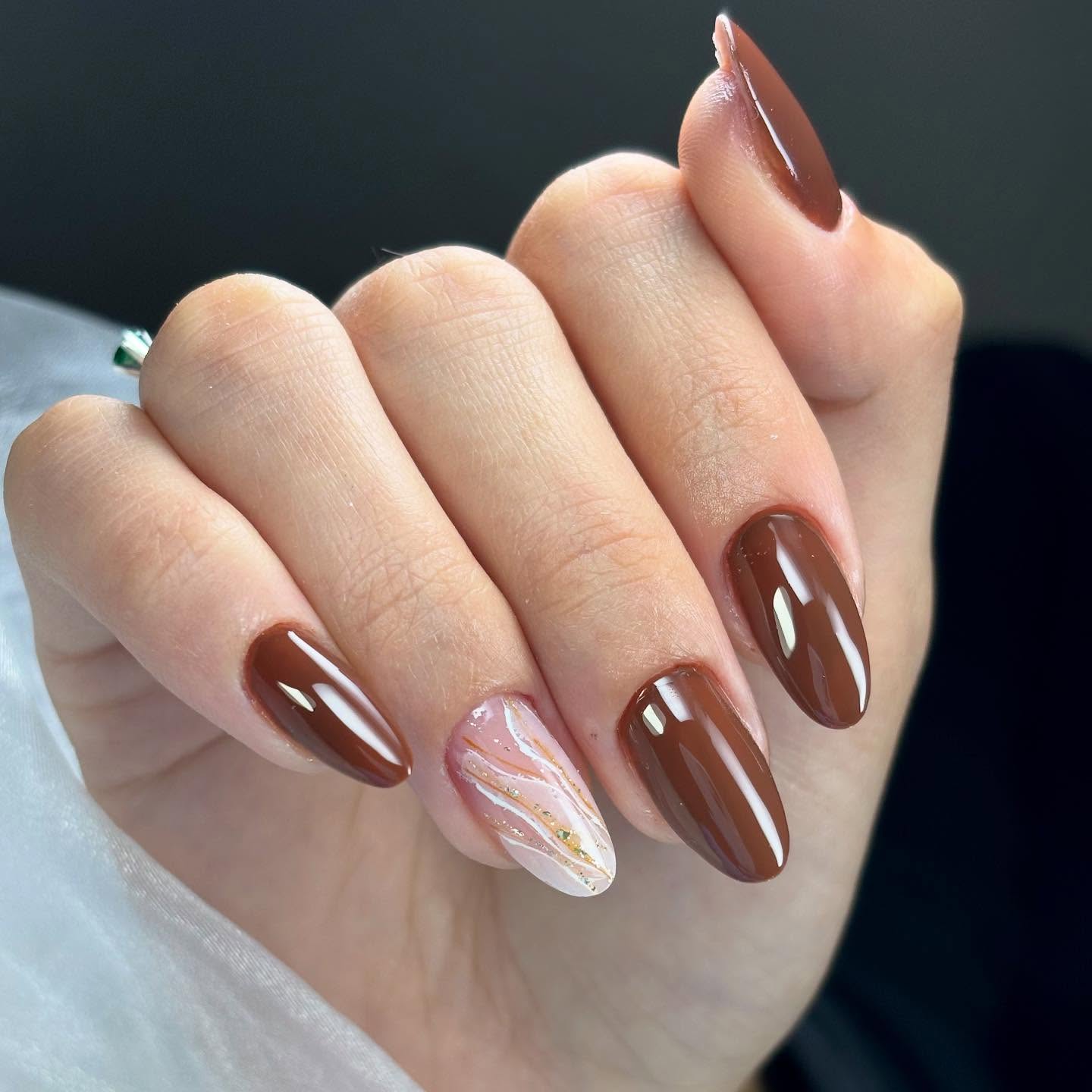 Rich Chocolate Swirl Almond Nails