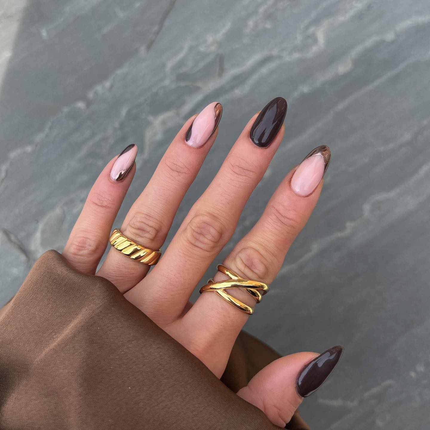 Glossy Chocolate and Blush Almond Nails