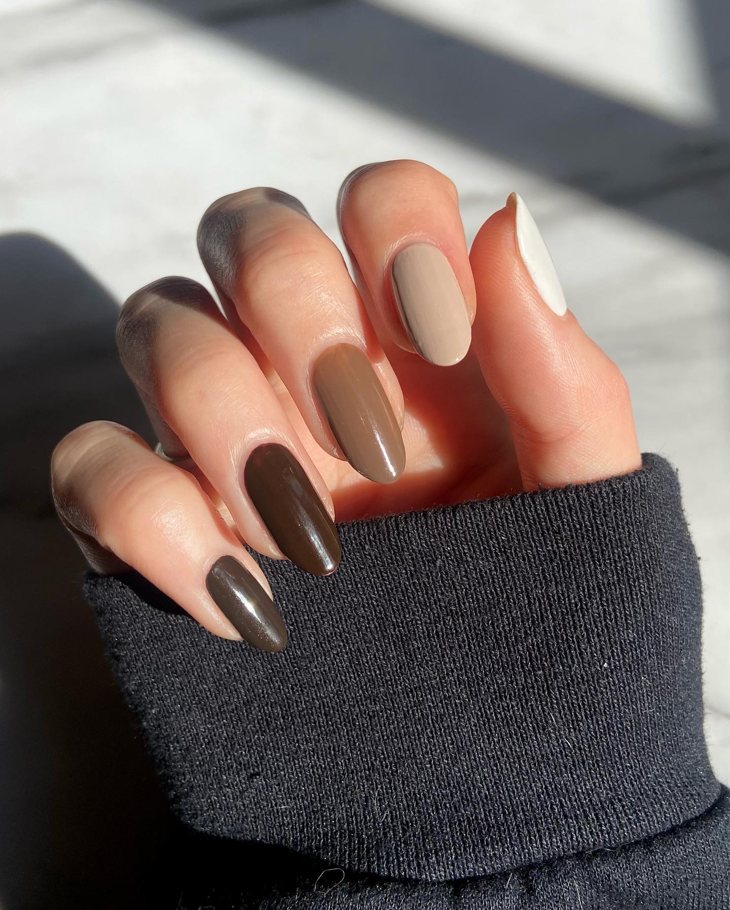 Monochromatic Brown & White Almond Nails