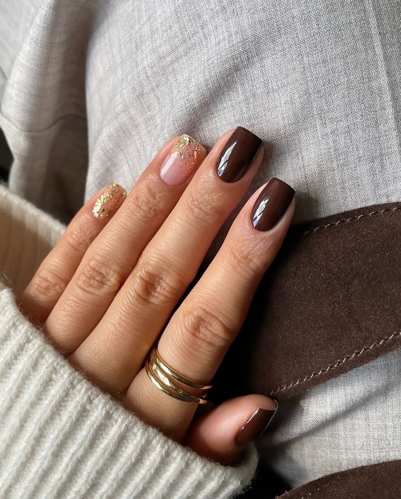 Rich Chocolate Glossy Square Nails with Gold Flake Accent