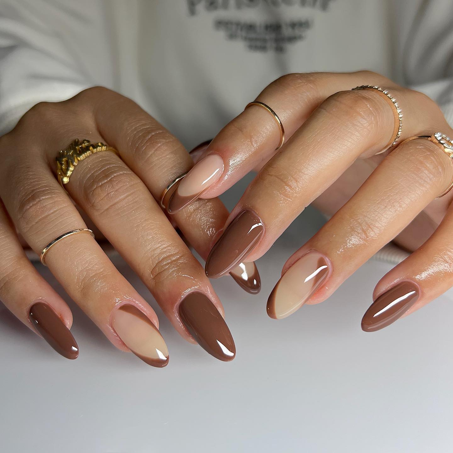 Chocolate Swirl French Tip Almond Nails