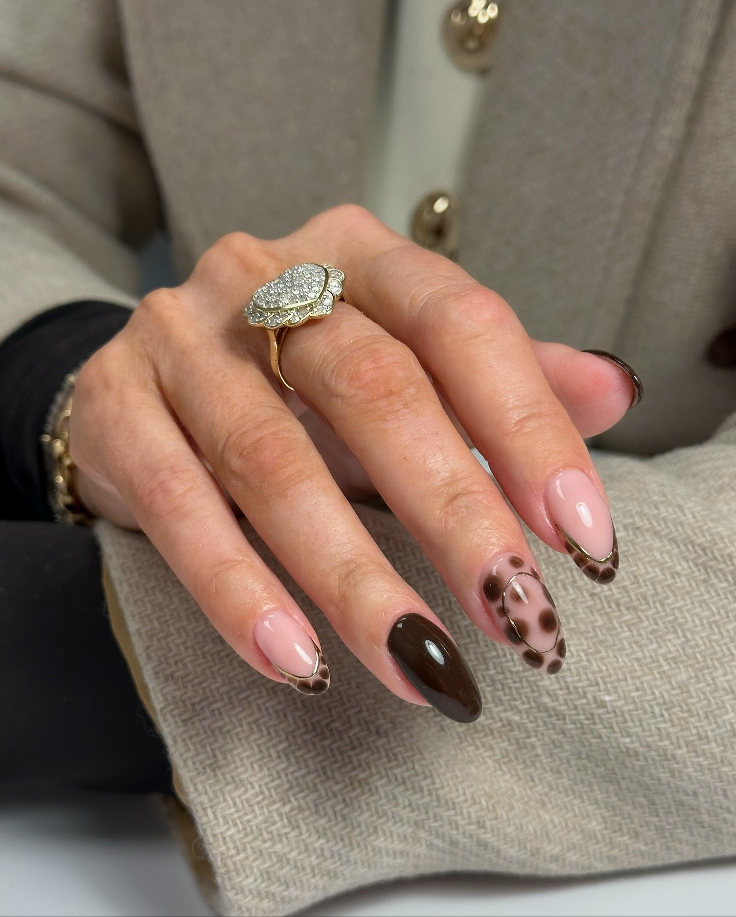 Chocolate Leopard Print Almond French Nails